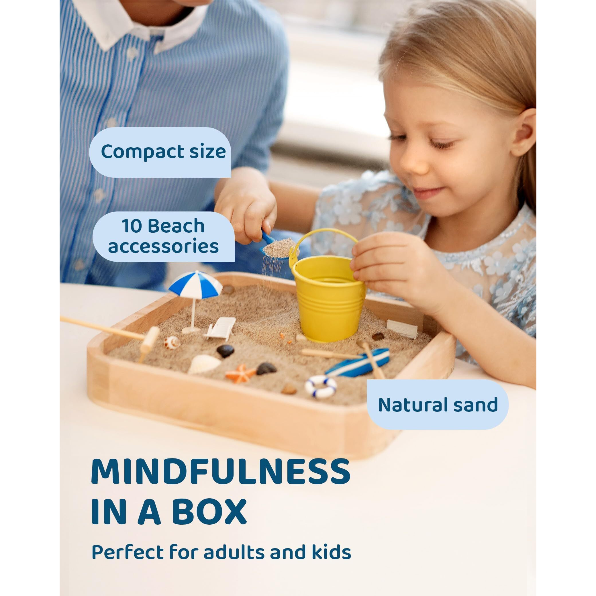 Mini Zen Garden Sandbox - Beach Sand Zen Garden For Desk - Desk Sandbox For Adults & Kids - Sand Tray Therapy Kit - Miniature Zen Sand Garden Gift Set With Natural Sand, Rakes, Rocks And Accessories