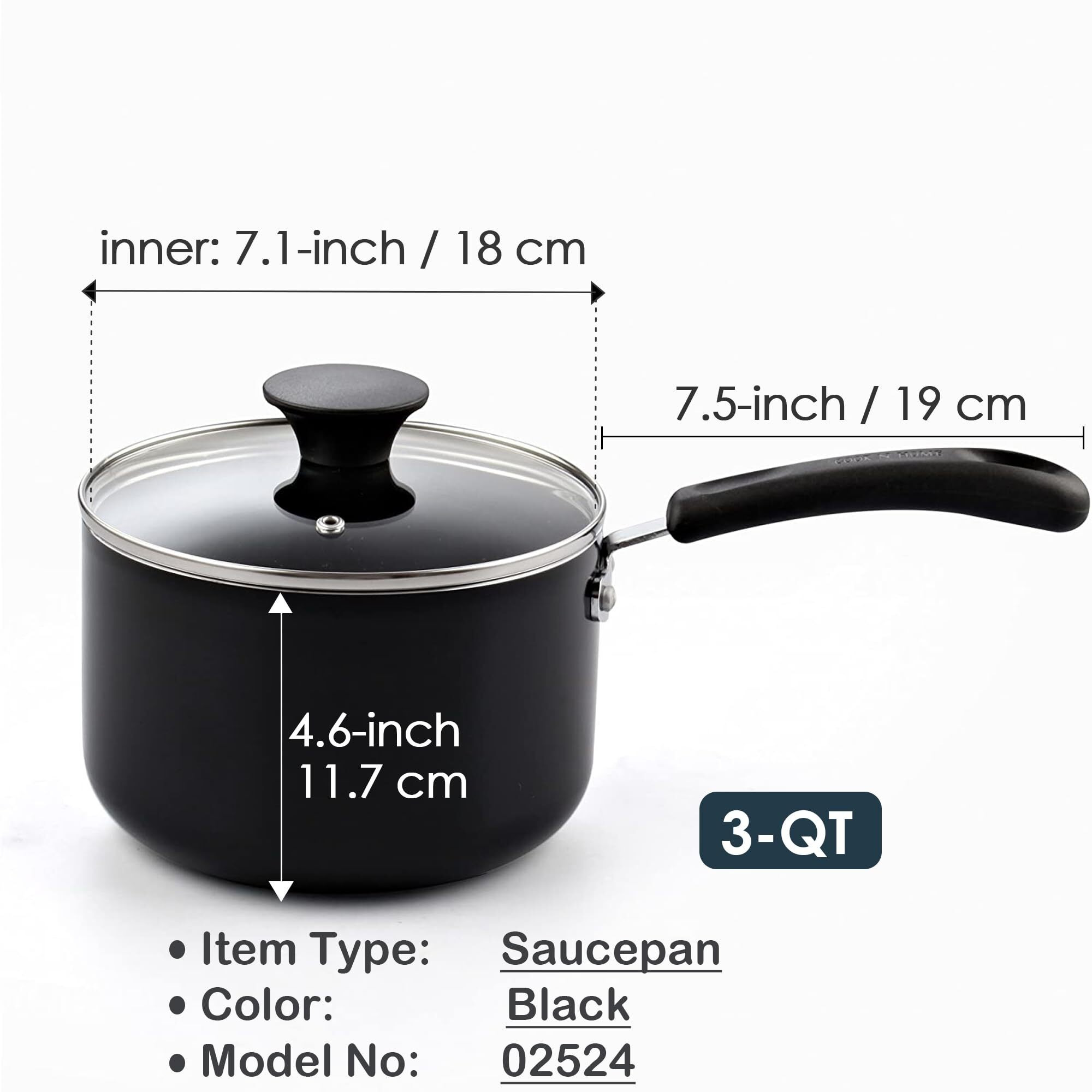 Cook N Home Nonstick Sauce Pan With Glass Lid 3-Qt, Multi-Purpose Pot Saucepan Kitchenware, Black, Aluminum
