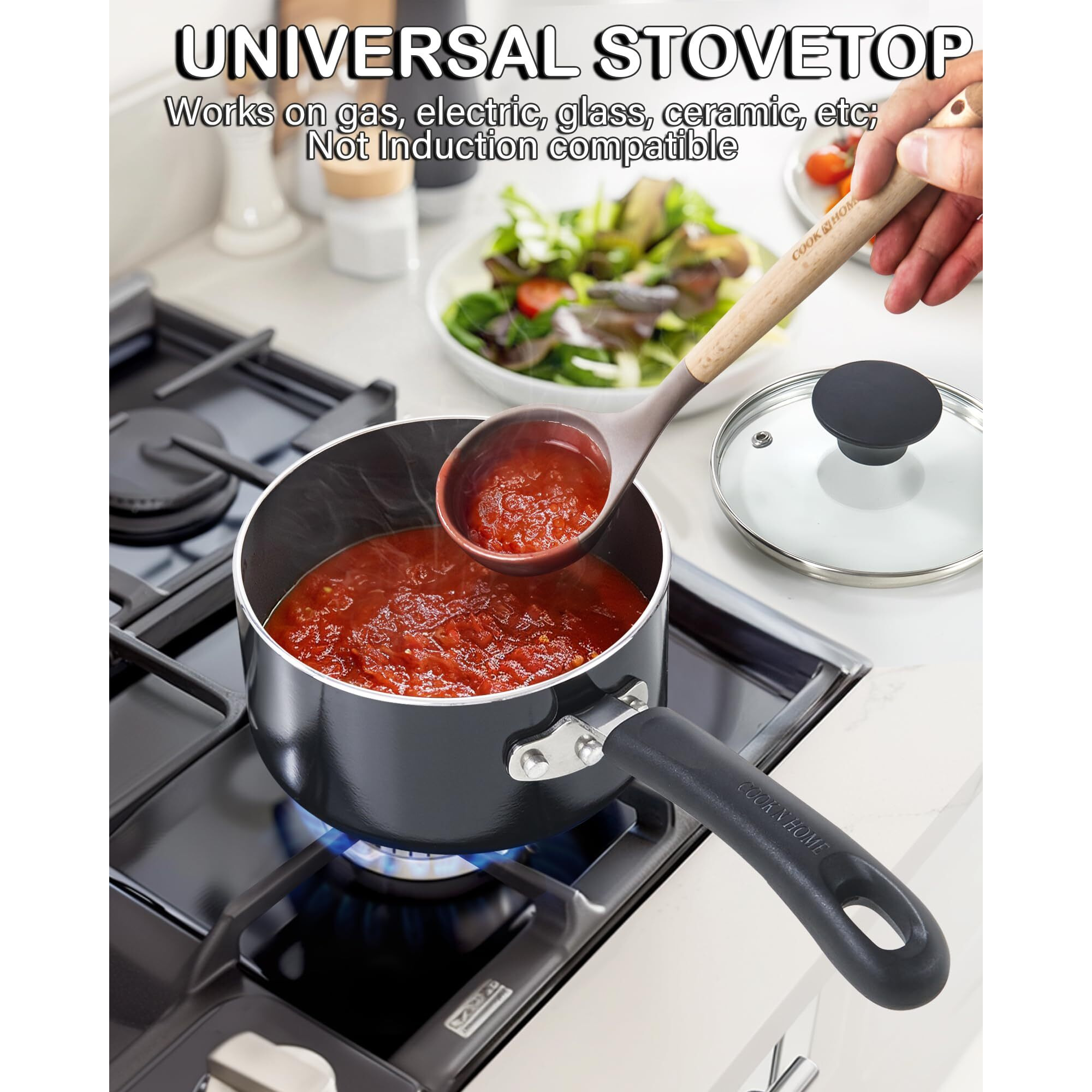 Cook N Home Nonstick Sauce Pan With Glass Lid 3-Qt, Multi-Purpose Pot Saucepan Kitchenware, Black, Aluminum