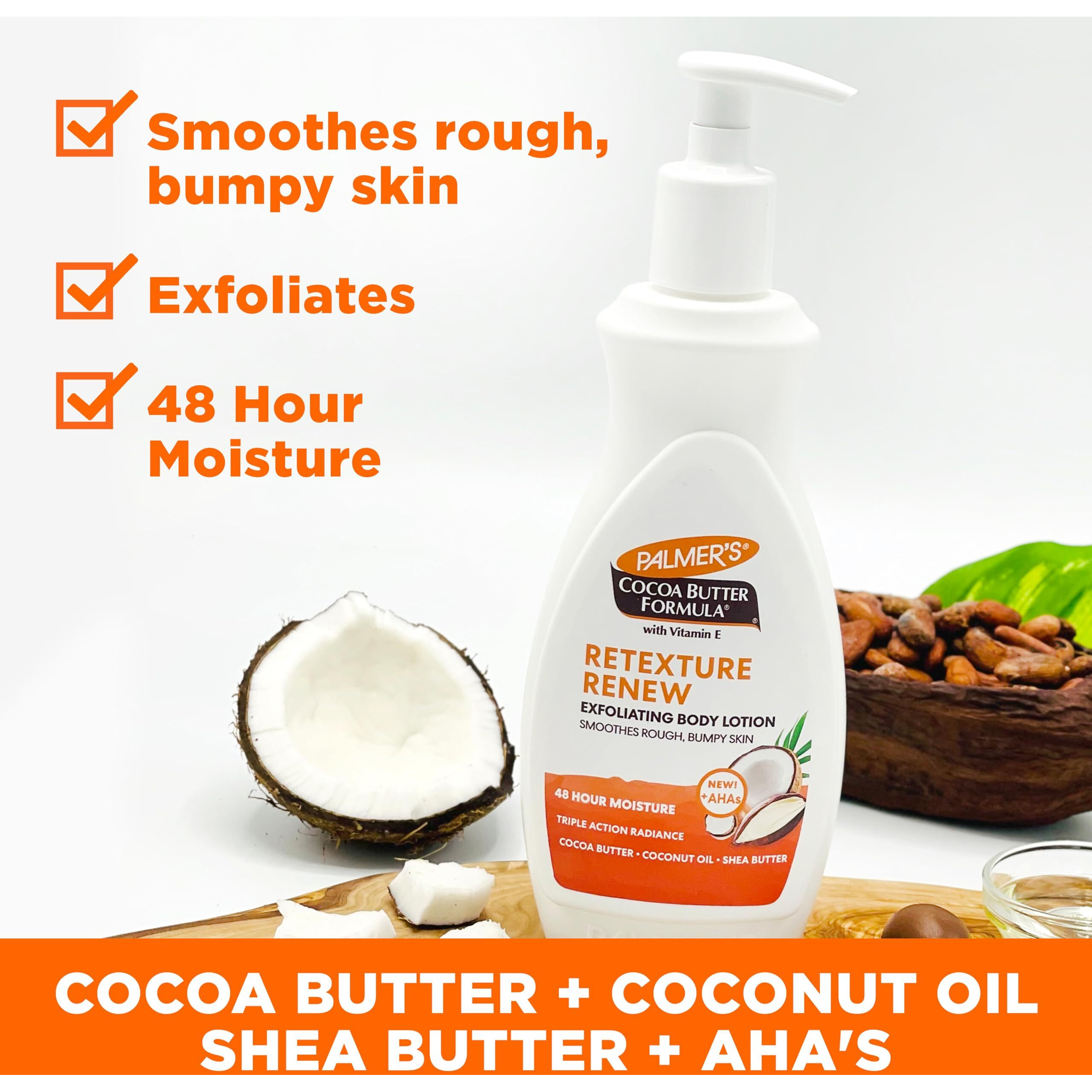 Palmer's Cocoa Butter Formula Retexture & Renew Exfoliating Body Lotion For Rough & Bumpy Skin, Triple Action Moisturizers + Ahas, Pump Bottle, 13.5 Ounce