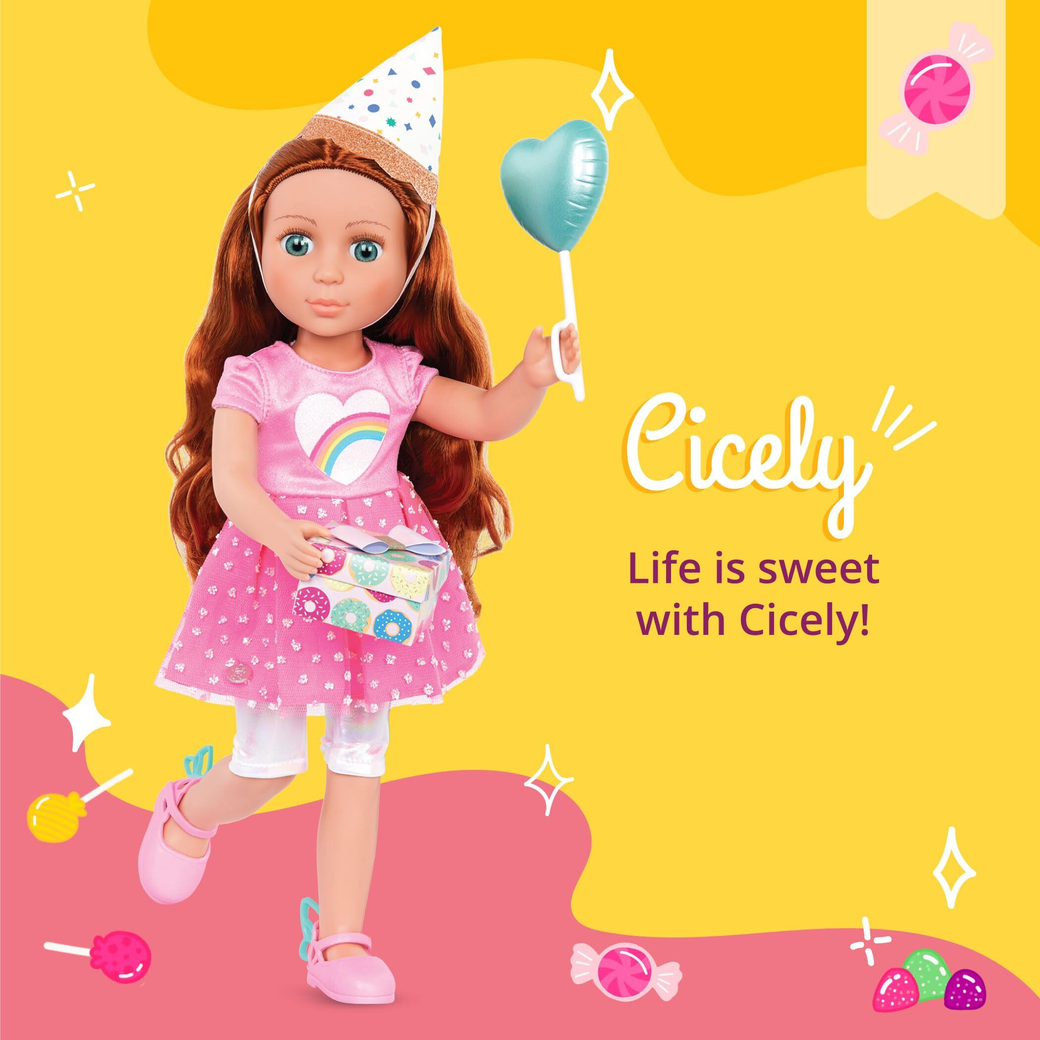 Glitter Girls - Cicely 14-Inch Poseable Birthday Party Doll - Red Hair & Green Eyes - Rainbow Heart Dress, Birthday Hat, Cake, Balloon, Gift - Toys, Clothes, And Accessories For Kids Ages 3+