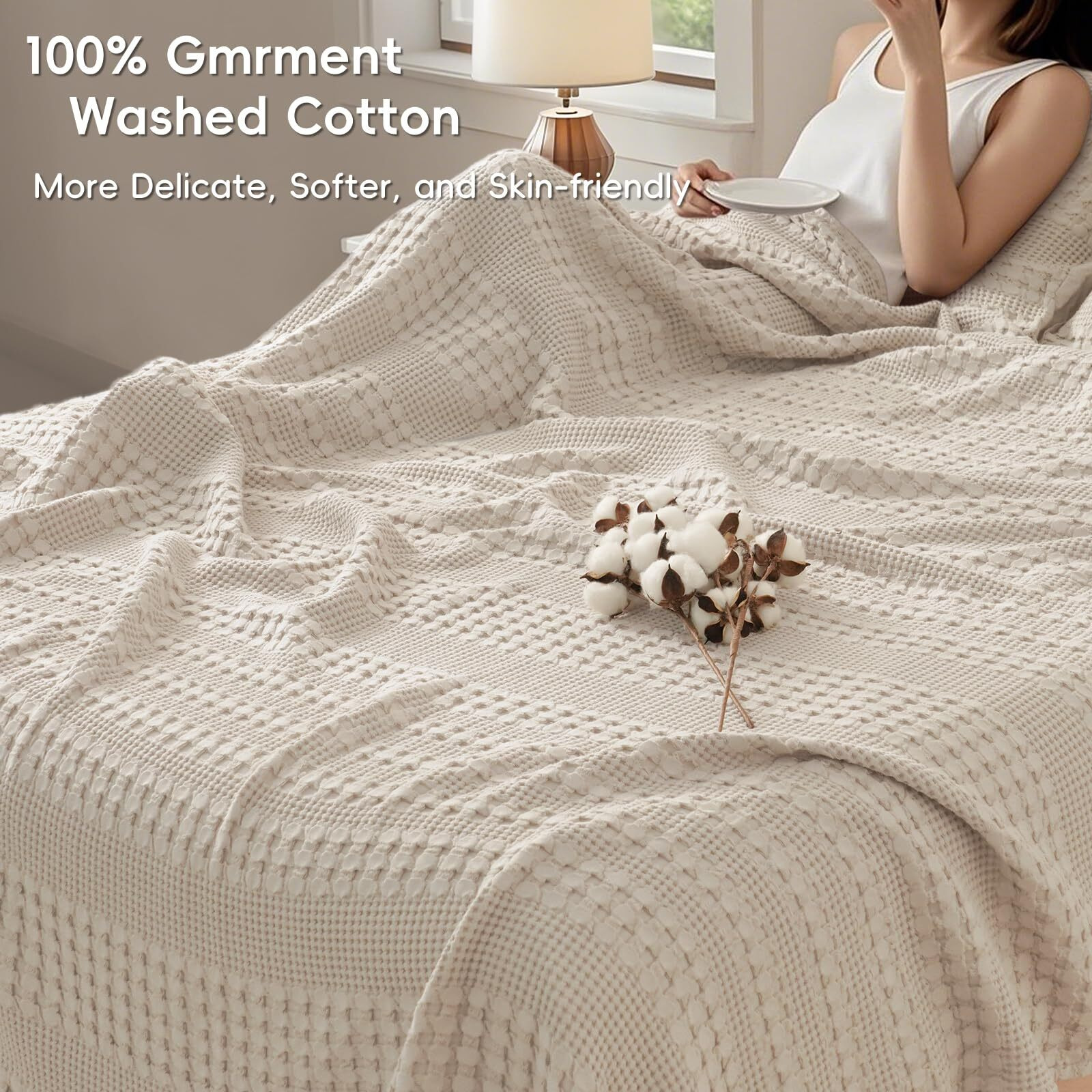 Phf 100% Cotton Waffle Weave Blanket King Size, Soft Lightweight Breathable Cozy Blankets For Bed, Luxury Aesthetic Woven Bedding For Home Decor, 108"&quotX90"", Oatmeal