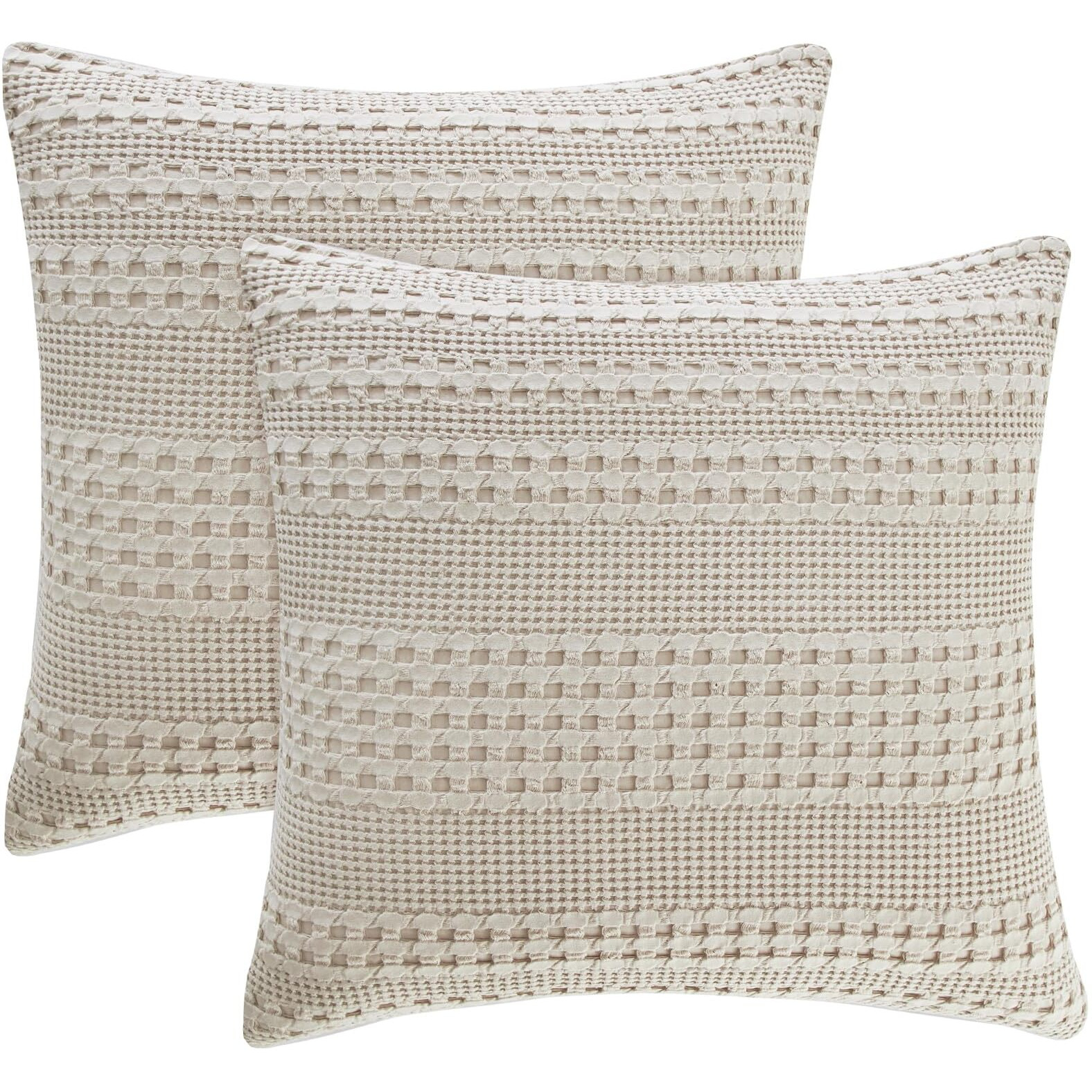 Phf 100% Cotton Waffle Weave Euro Sham Covers, 2 Pack 26"" X 26"" Bed Pillow Covers For Elegant Home Decor, No Filling, Luxury Aesthetic Soft Euro Pillow Cases For Bed, Oatmeal
