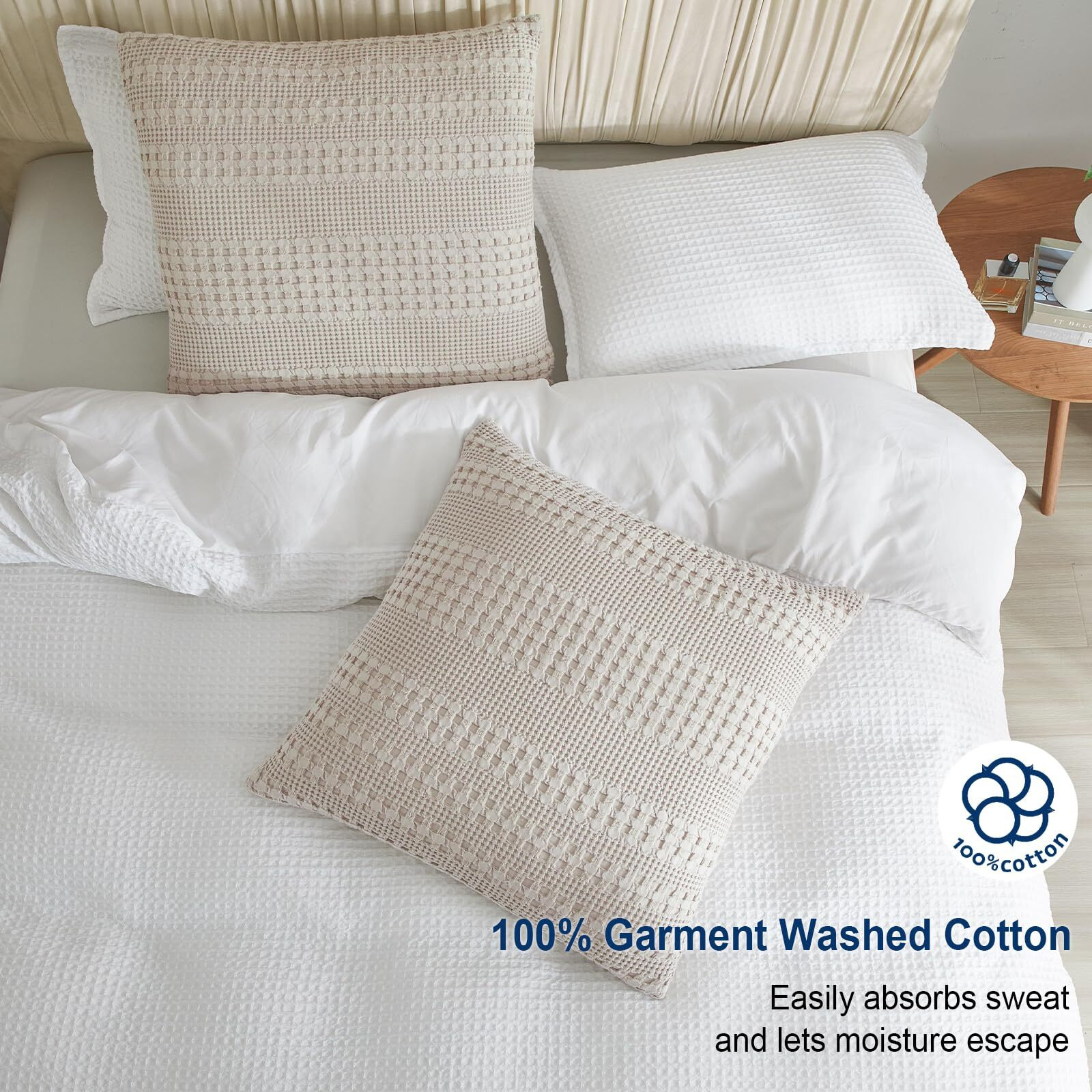 Phf 100% Cotton Waffle Weave Euro Sham Covers, 2 Pack 26"" X 26"" Bed Pillow Covers For Elegant Home Decor, No Filling, Luxury Aesthetic Soft Euro Pillow Cases For Bed, Oatmeal