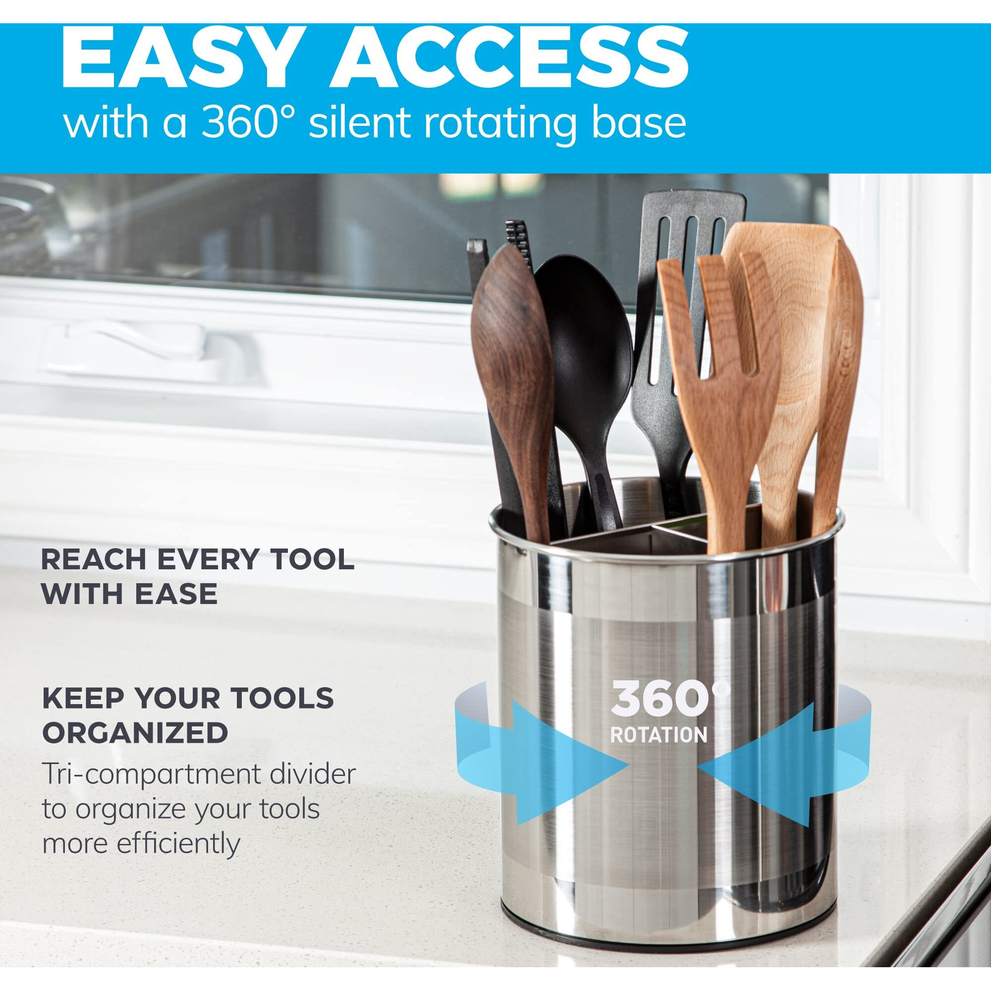 Cooler Kitchen Rotating Extra Large Stainless Steel Utensil Holder Caddy With Sturdy No-Tip Weighted Base, Removable Divider, And Gripped Insert Bottom -Dishwasher Safe Metal Cooking Utensil Holder