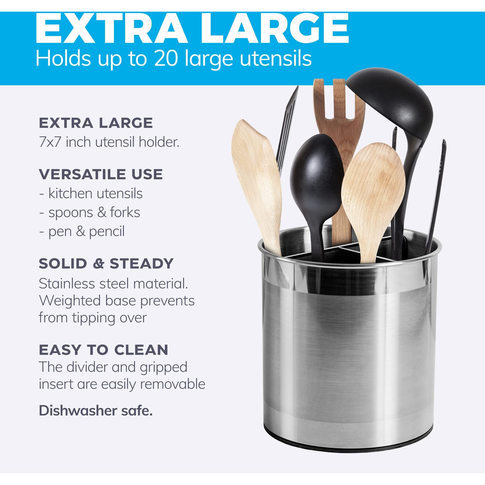 Cooler Kitchen Rotating Extra Large Stainless Steel Utensil Holder Caddy With Sturdy No-Tip Weighted Base, Removable Divider, And Gripped Insert Bottom -Dishwasher Safe Metal Cooking Utensil Holder