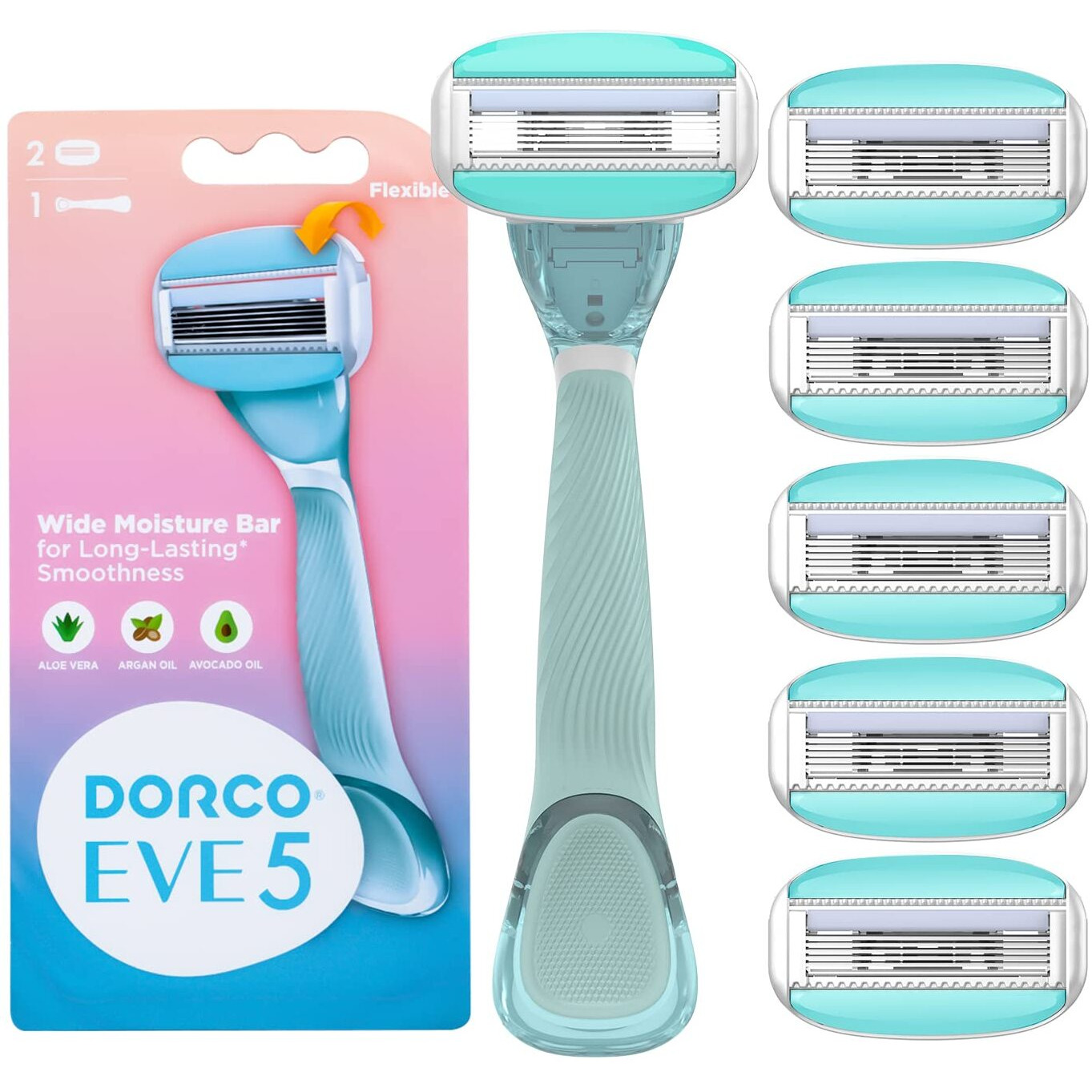 Dorco Eve5 Razor For Women, Includes 1 Razor Handle And 6 Long-Lasting Razor Blade Refills (Handle+6 Refills)