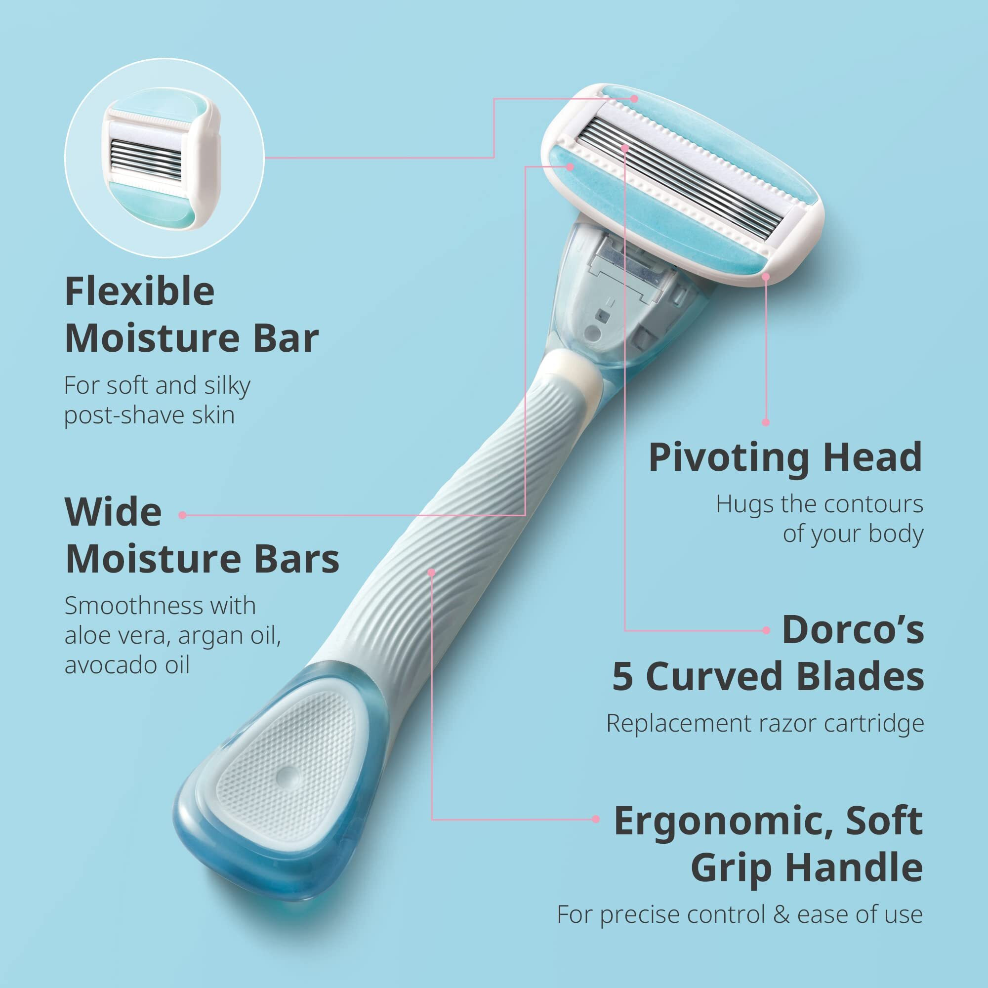 Dorco Eve5 Razor For Women, Includes 1 Razor Handle And 6 Long-Lasting Razor Blade Refills (Handle+6 Refills)