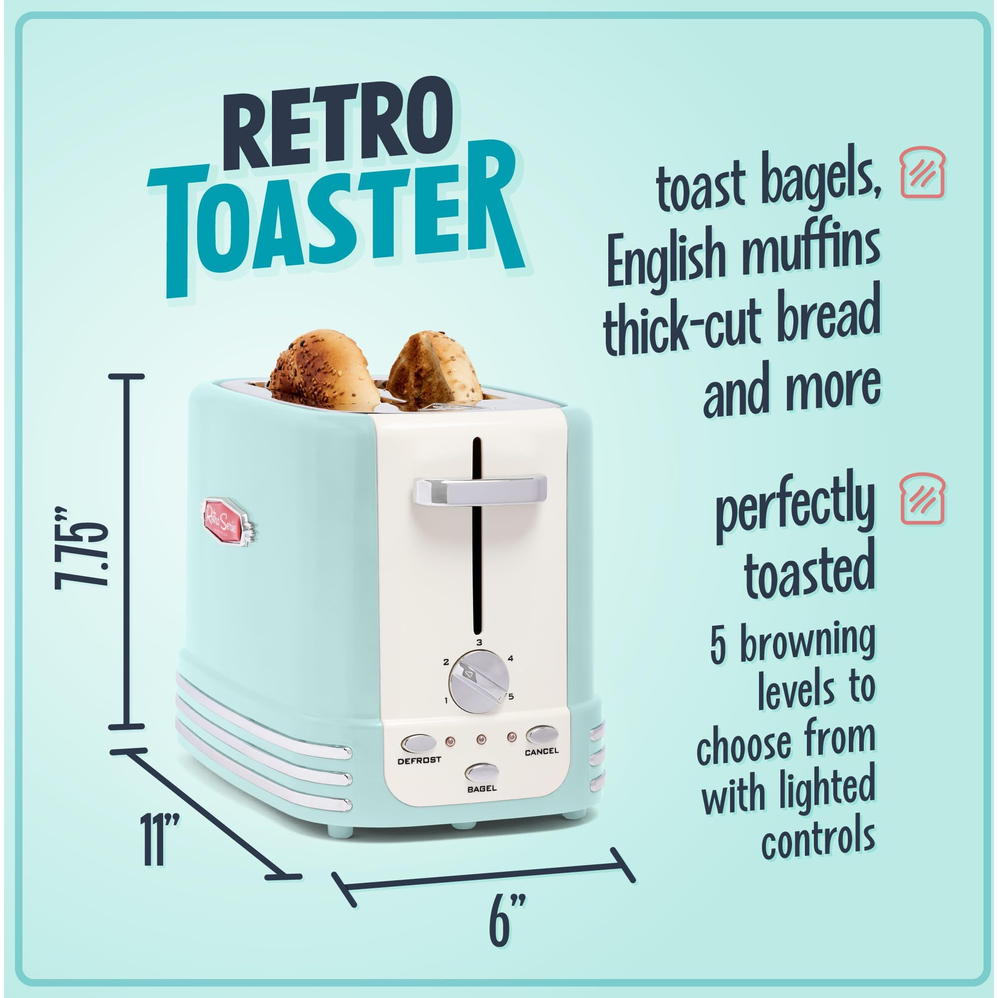 Nostalgia New And Improved Wide 2-Slice Toaster Perfect For Bread, English Muffins, Bagels, 5 Browning Levels, With Crumb Tray & Cord Storage, Aqua