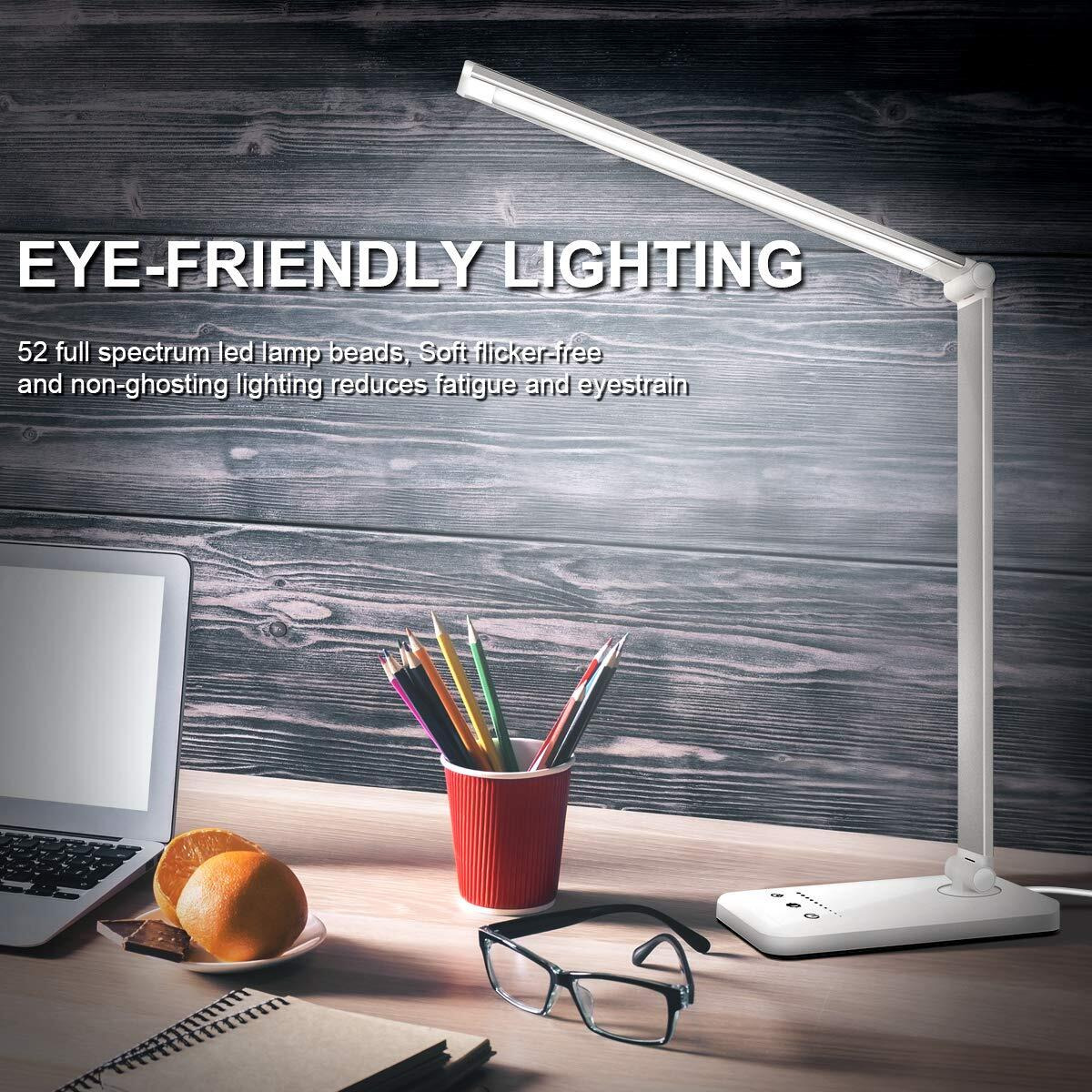 White Crown Led Desk Lamp Dimmable Table Lamp Reading Lamp With Usb Charging Port, 5 Lighting Modes, Sensitive Control, 30/60 Minutes Timer (White, First-Generation)
