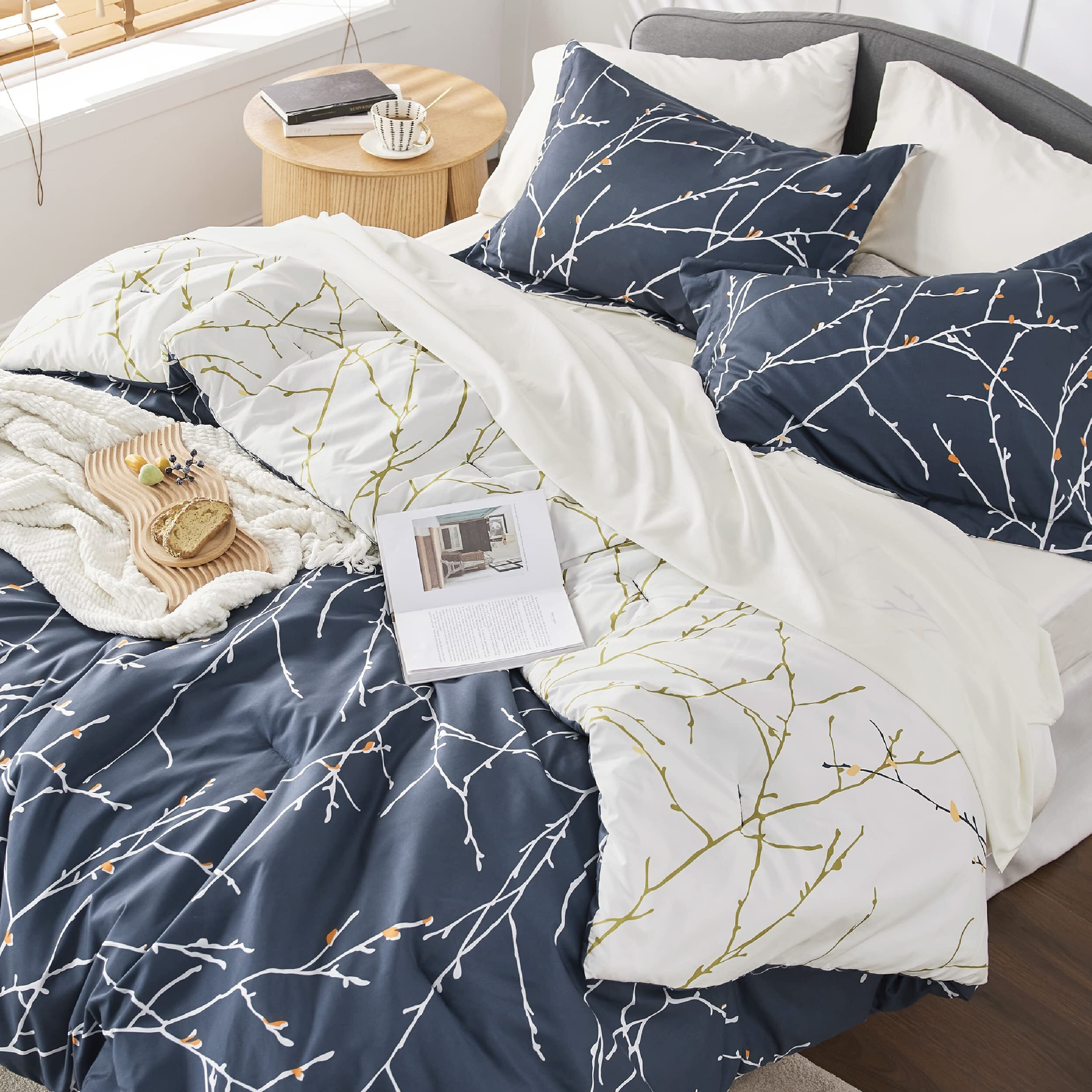 Bedsure Queen Comforter Sets - 7 Pieces Floral Navy Blue Bed Set, Tree Branch Pattern Printed Bed In A Bag Queen With Comforter, Sheets, Pillowcases & Shams