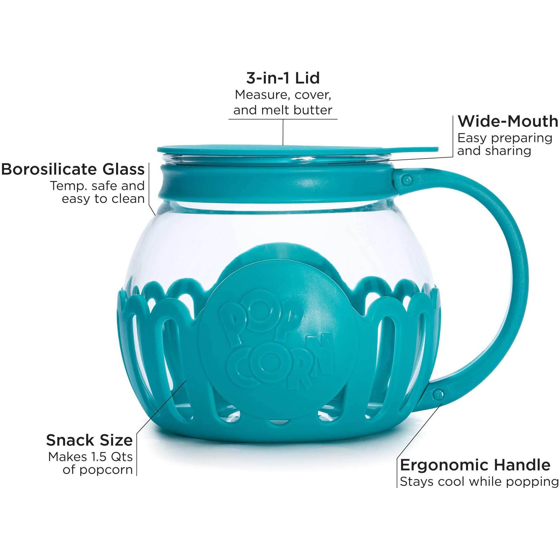 Ecolution Patented Micro-Pop Microwave Popcorn Popper With Temperature Safe Glass, 3-In-1 Lid Measures Kernels And Melts Butter, Made Without Bpa, Dishwasher Safe, 1.5-Quart, Teal