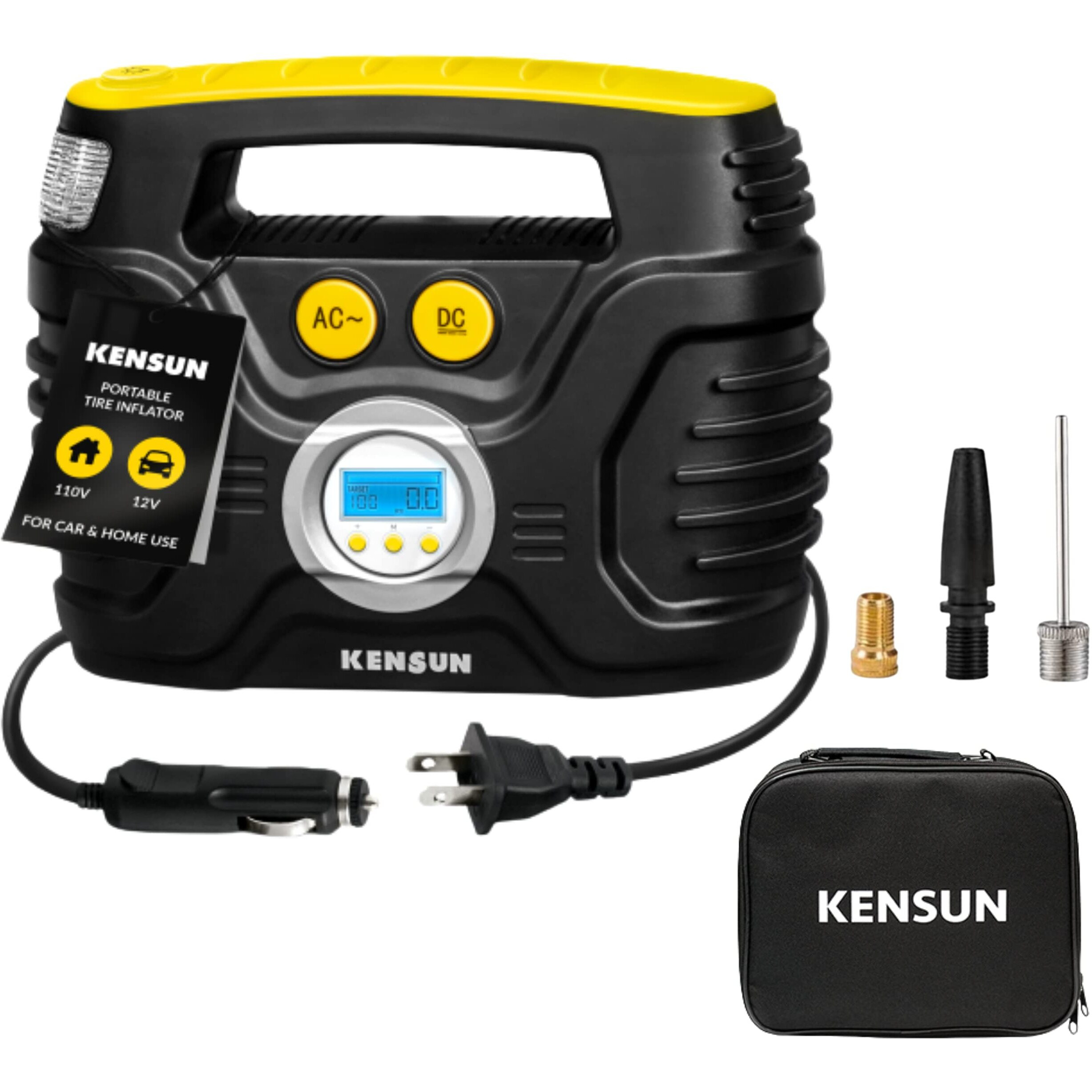 Kensun Ac/Dc Tire Inflator Pump For Car 12V Dc And Home 110V Ac Swift Performance 2.0 Portable Air Compressor Pump For Car And Home