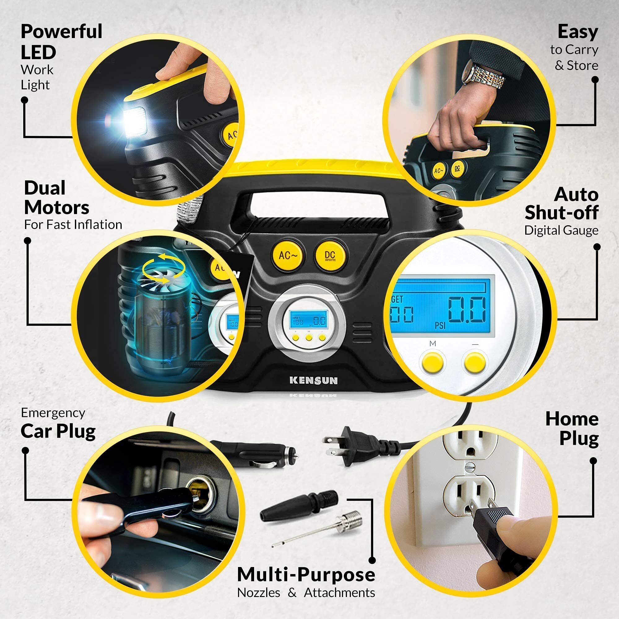 Kensun Ac/Dc Tire Inflator Pump For Car 12V Dc And Home 110V Ac Swift Performance 2.0 Portable Air Compressor Pump For Car And Home