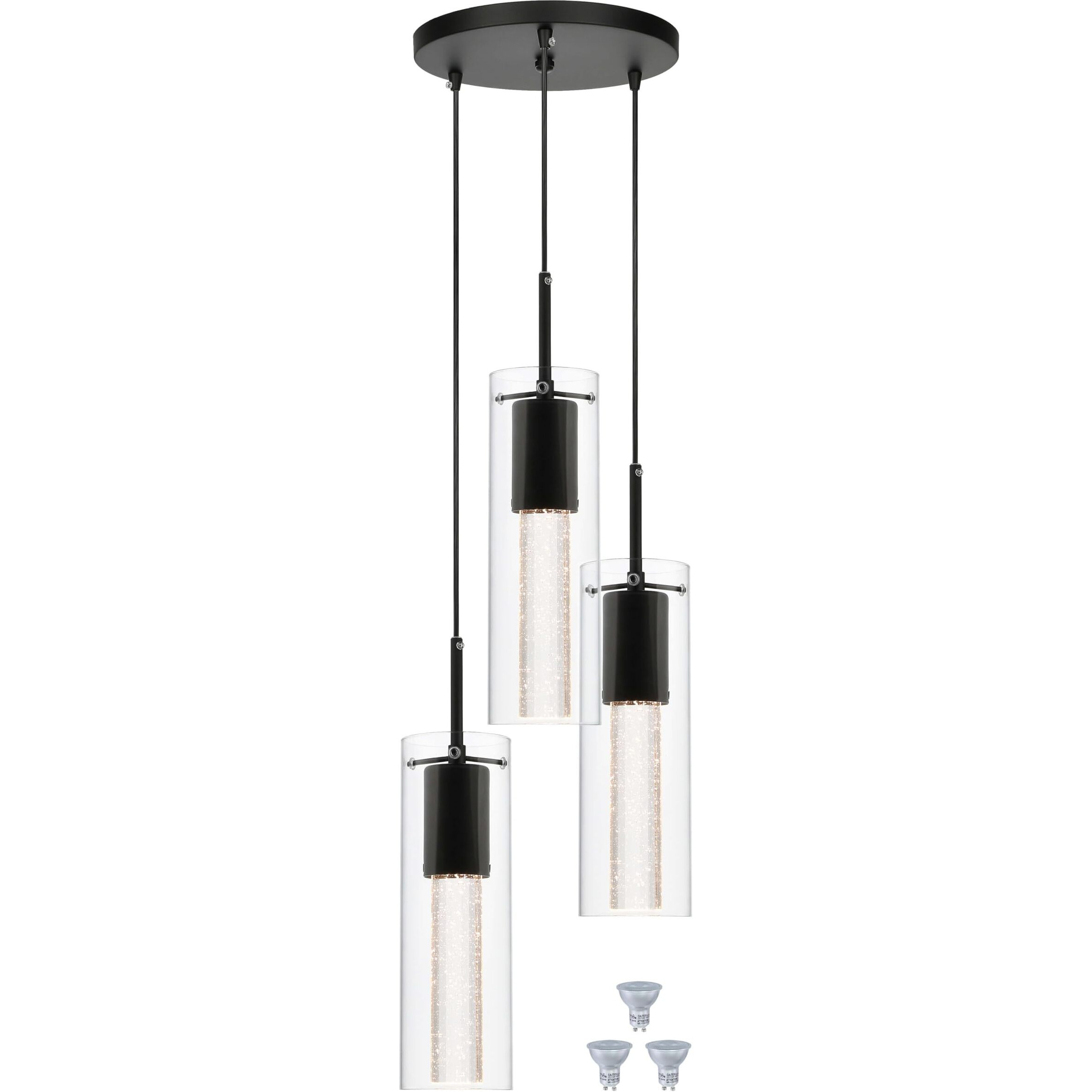 Xinbei Lighting Pendant Light, Modern 3 Light Cluster Kitchen Island Pendant Lighting With Led Bulb & Bubble Crystal, Matte Black Finish Xb-P1110-3-Mb