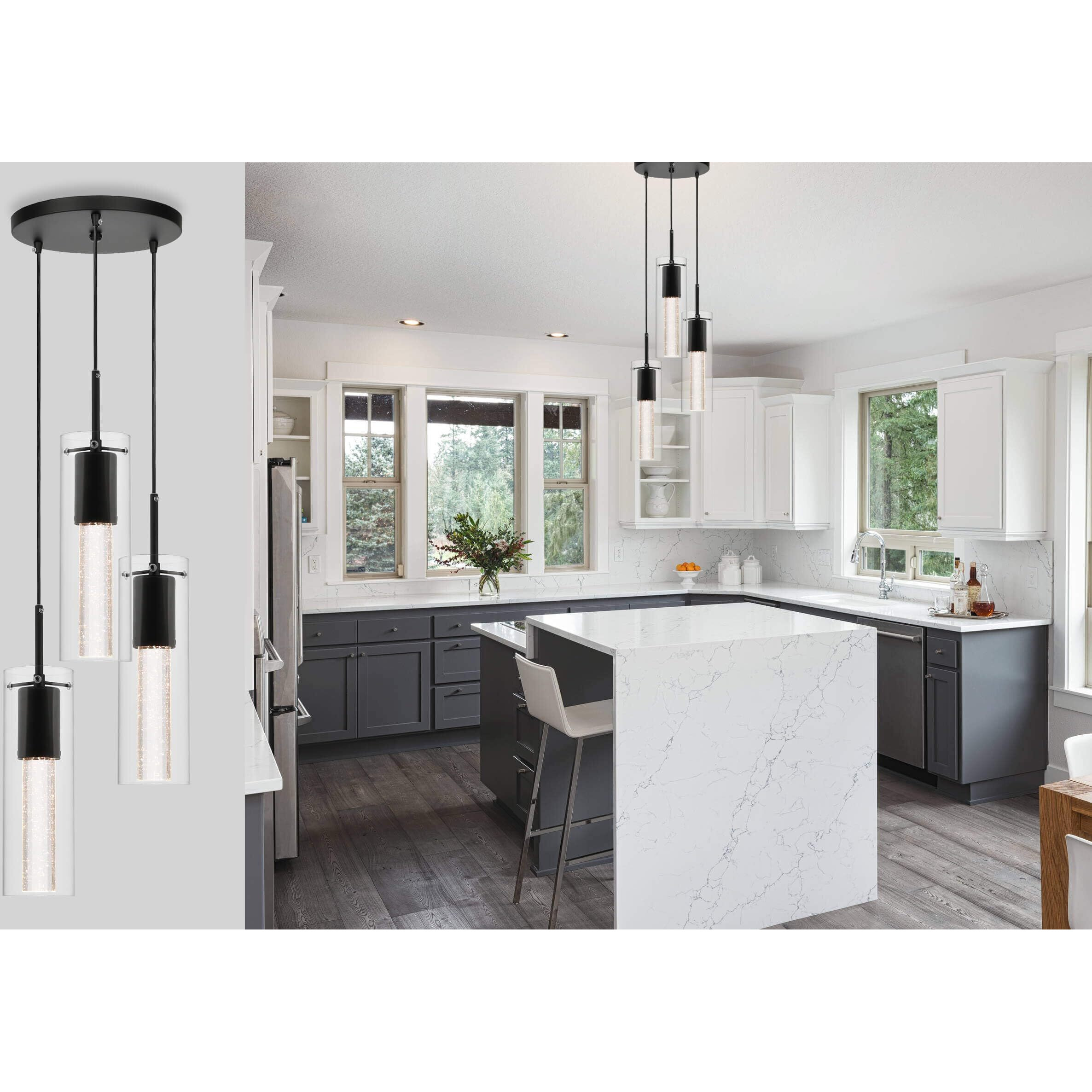 Xinbei Lighting Pendant Light, Modern 3 Light Cluster Kitchen Island Pendant Lighting With Led Bulb & Bubble Crystal, Matte Black Finish Xb-P1110-3-Mb