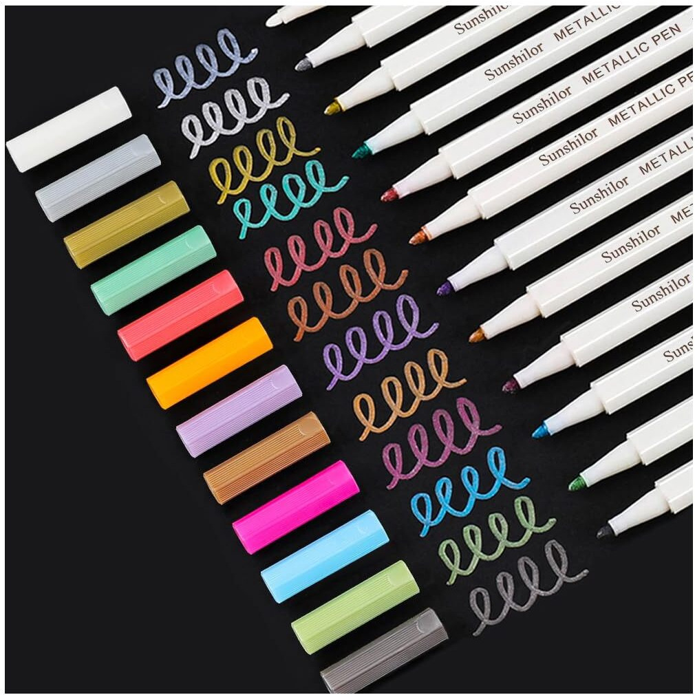 Sunshilor Metallic Markers Fine Point Metallic Marker Pens For Black Paper, Rock Painting, Easter Egg, Halloween Pumpkin, Card Making, Metal, Ceramic, Wine Glass, Set Of 12