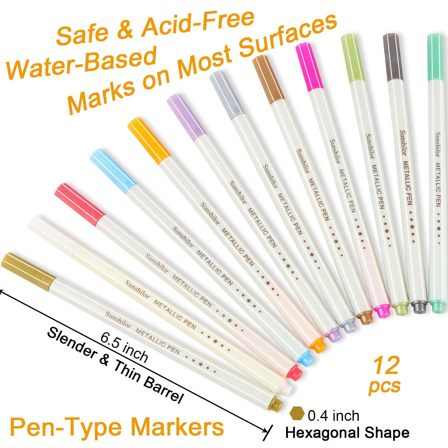 Sunshilor Metallic Markers Fine Point Metallic Marker Pens For Black Paper, Rock Painting, Easter Egg, Halloween Pumpkin, Card Making, Metal, Ceramic, Wine Glass, Set Of 12