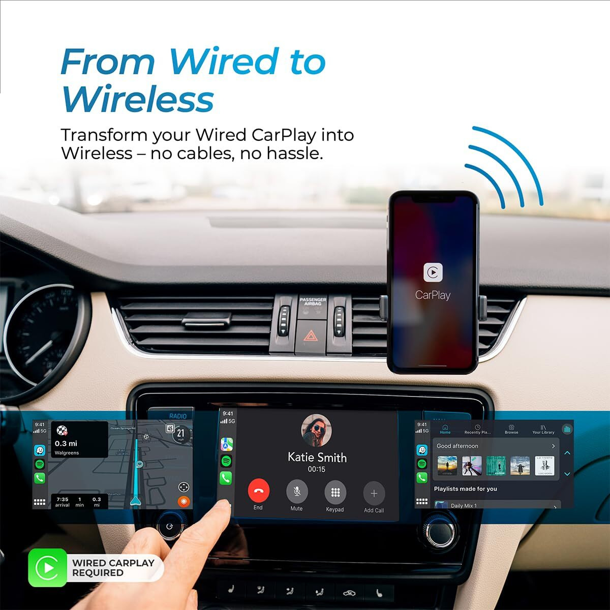 Autosky Wireless Carplay Adapter 2023 Pro Edition - Fastest And Most Compact Wireless Carplay Adapter Factory Wired Carplay Cars - Usb-A And Usb-C Cables - Wired Carplay Required