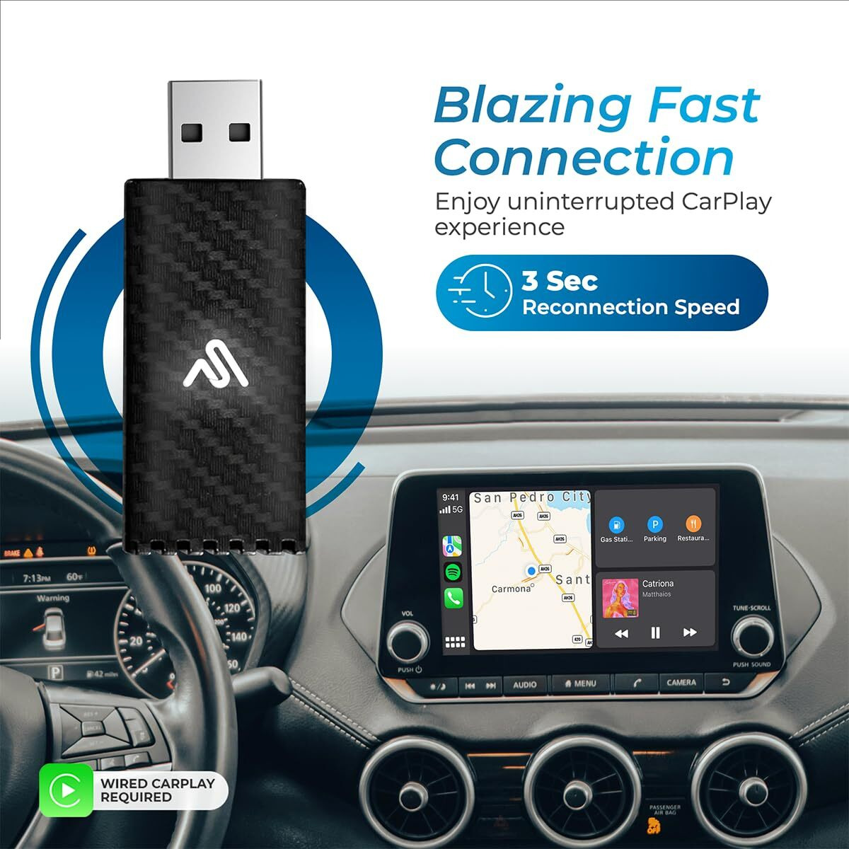 Autosky Wireless Carplay Adapter 2023 Pro Edition - Fastest And Most Compact Wireless Carplay Adapter Factory Wired Carplay Cars - Usb-A And Usb-C Cables - Wired Carplay Required