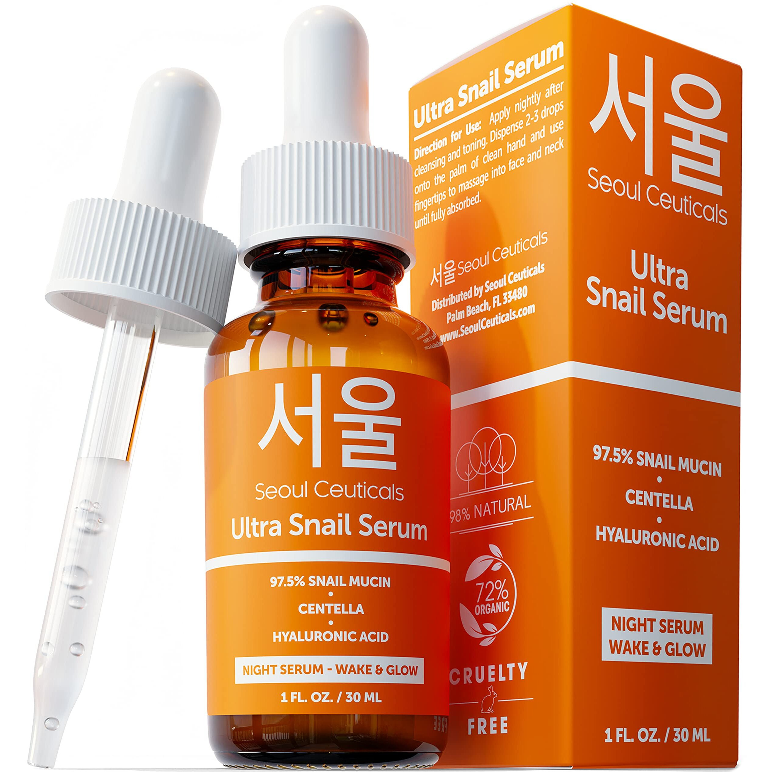 Seoulceuticals Korean Skin Care 97.5% Snail Mucin Serum - K Beauty Skincare Night Serum Hyaluronic Acid For Face - Centella Anti Wrinkle Serum 1Oz