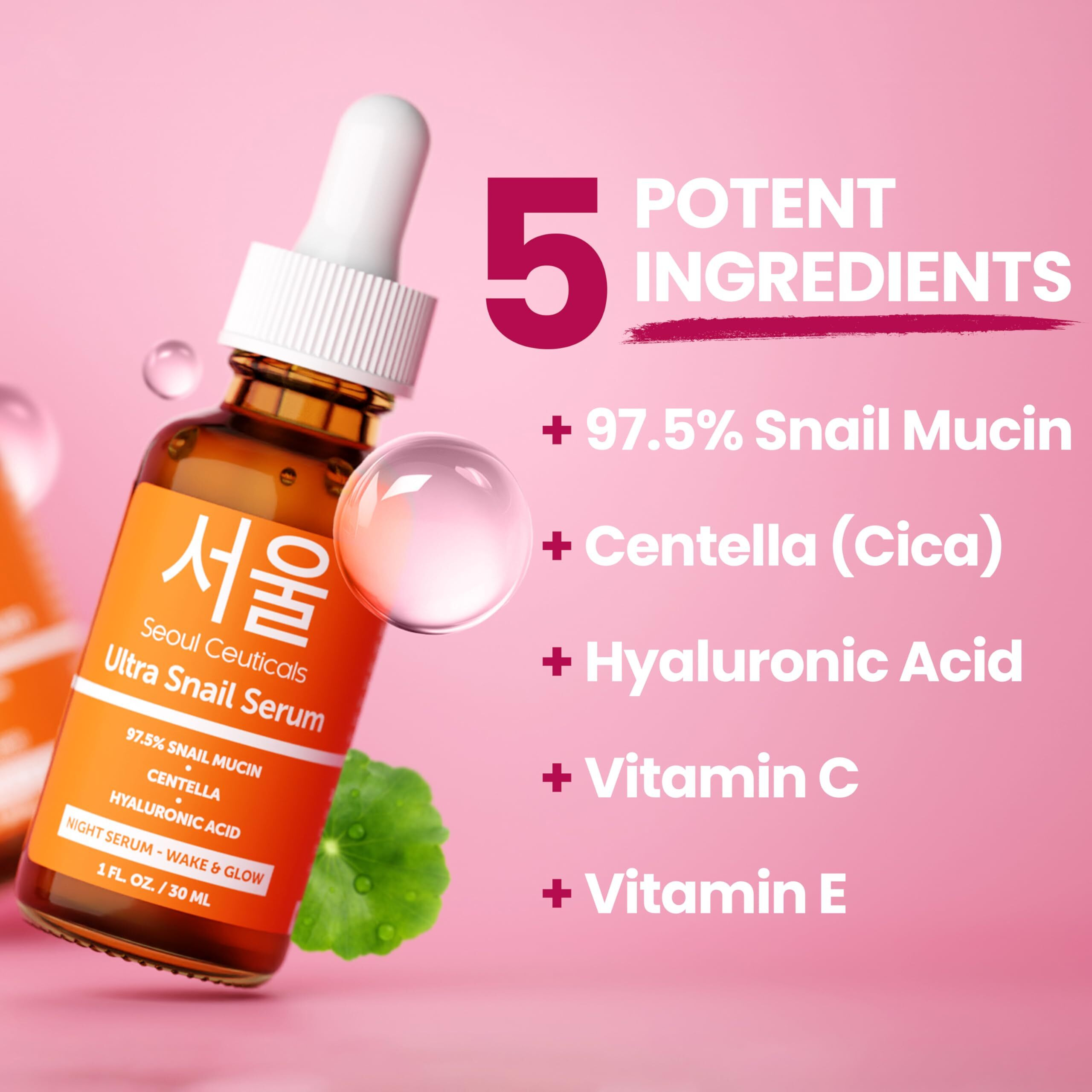 Seoulceuticals Korean Skin Care 97.5% Snail Mucin Serum - K Beauty Skincare Night Serum Hyaluronic Acid For Face - Centella Anti Wrinkle Serum 1Oz