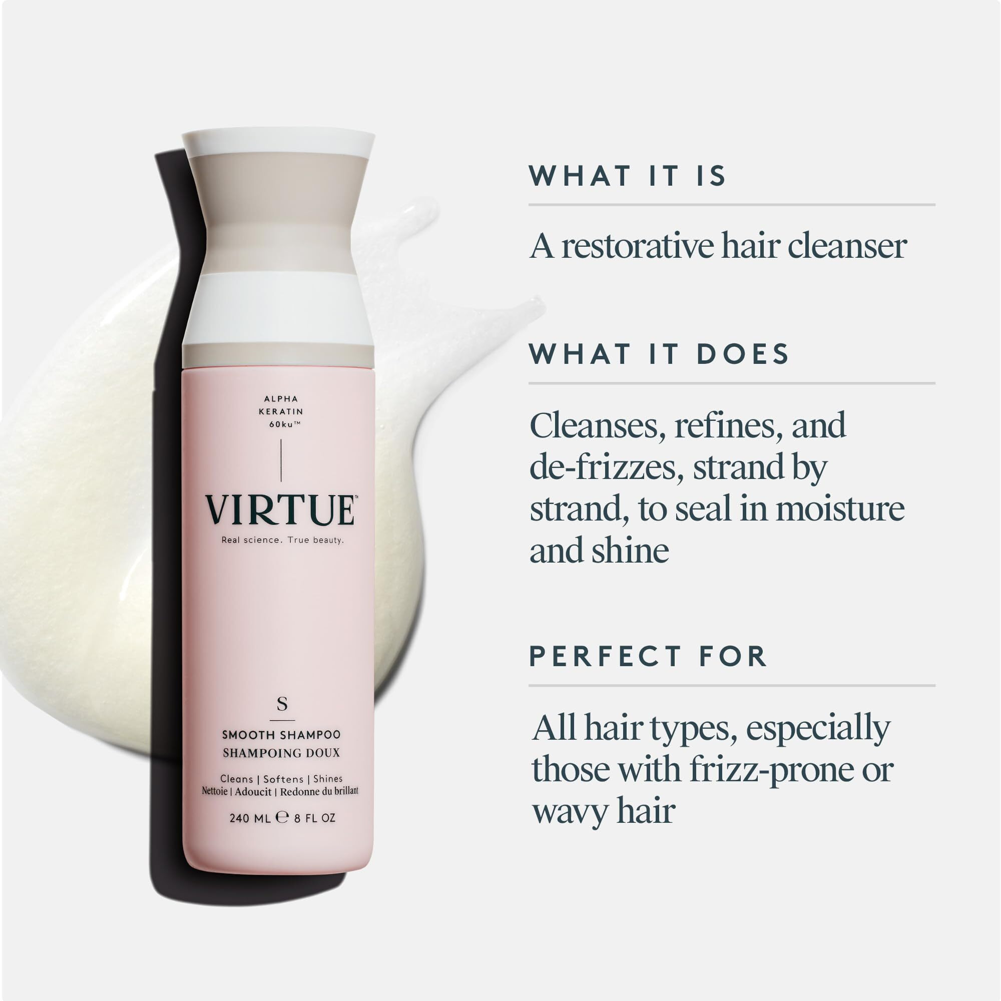 Virtue Smooth Sulfate Free Shampoo For Frizz Control For Curly Hair, Safe For All Hair Types, Color Safe