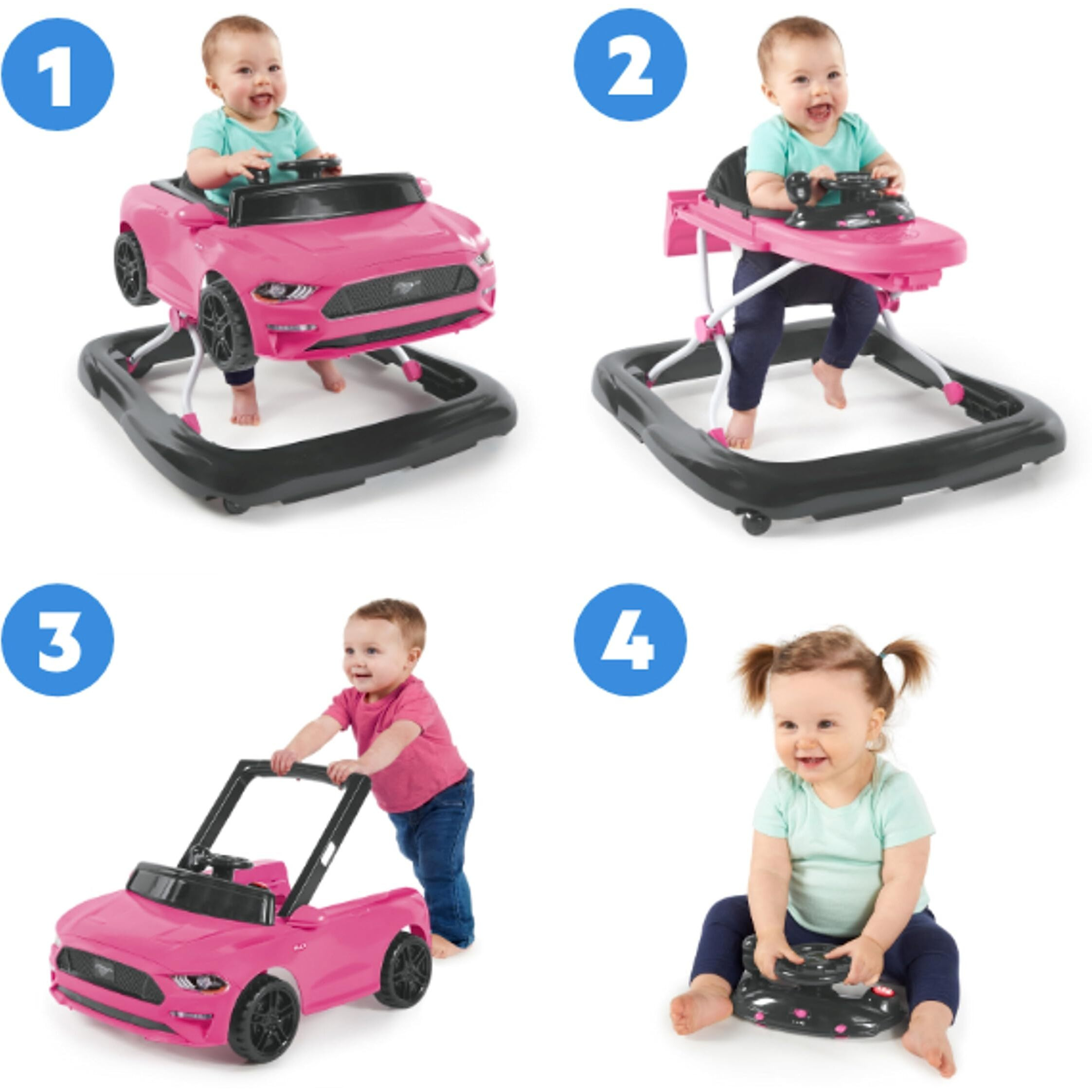 Bright Starts Ford Mustang 4-In-1 Pink Baby Activity Center & Push Walker With Removable Interactive Steering Wheel -Toy, 6 Months And Up