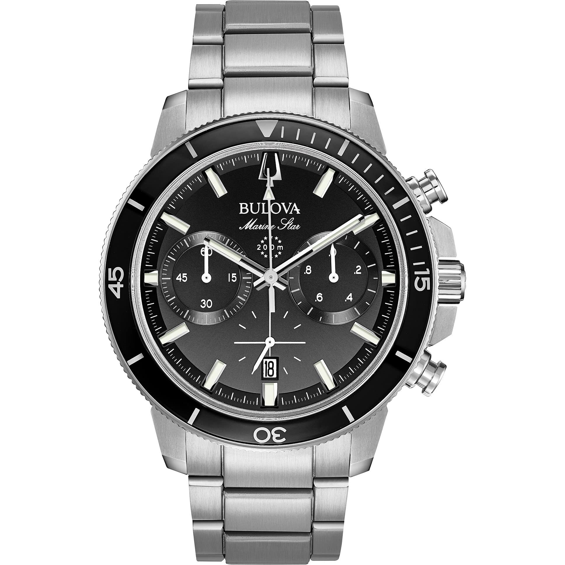 Bulova Men's Marine Star Series C Stainless Steel 6-Hand Chronograph Quartz Watch, Black Dial Style 96B272
