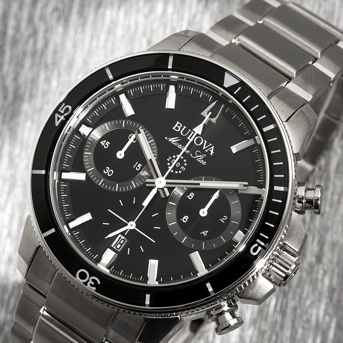 Bulova Men's Marine Star Series C Stainless Steel 6-Hand Chronograph Quartz Watch, Black Dial Style 96B272