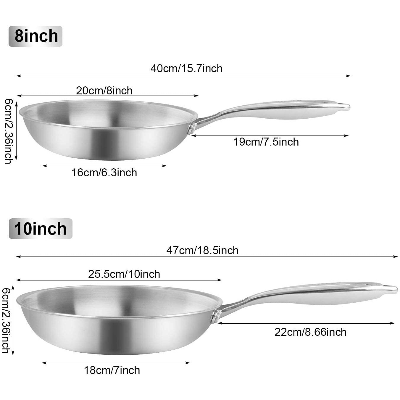 Fry Pan Set Of 2 | 8"" & 10"" Tri-Ply Stainless Steel Frying Pan, Oven & Dishwasher Safe Classic Cooking Pan Cookware