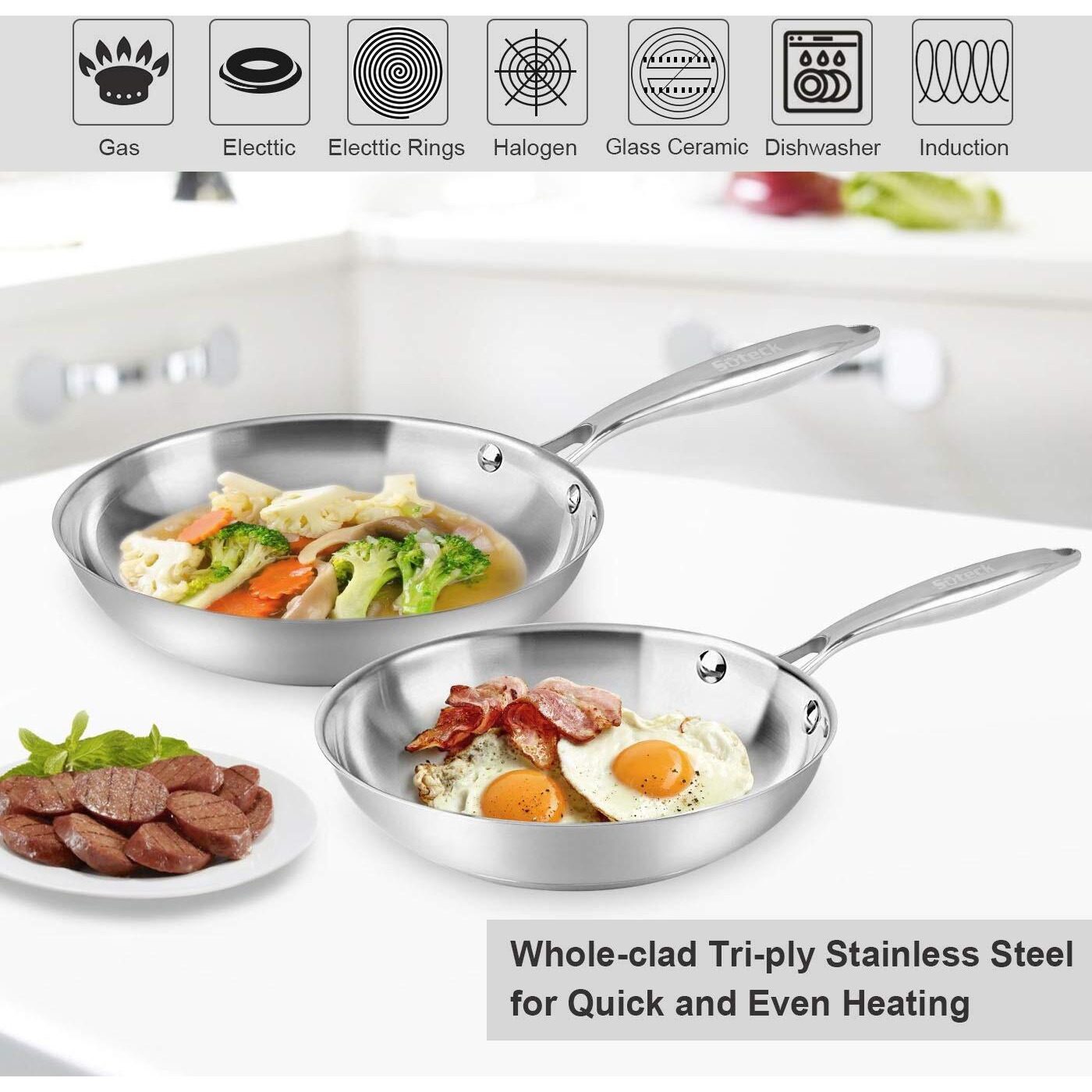 Fry Pan Set Of 2 | 8"" & 10"" Tri-Ply Stainless Steel Frying Pan, Oven & Dishwasher Safe Classic Cooking Pan Cookware