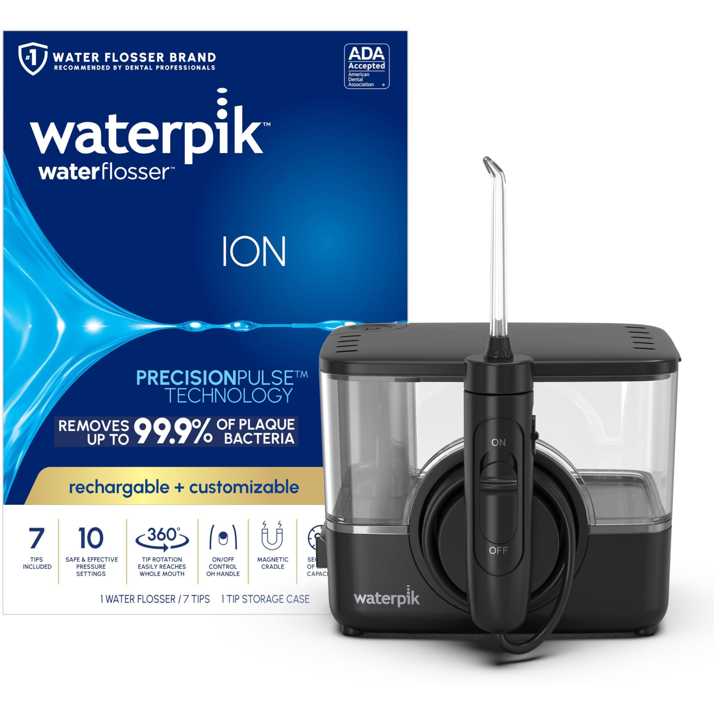 Waterpik Ion Professional Water Flosser, Rechargeable And Portable For Teeth, Gums, Braces, 10 Settings, 7 Flossing Tips For Multiple Users And Needs, Ada Accepted, Wf-12 Black, Packaging May Vary