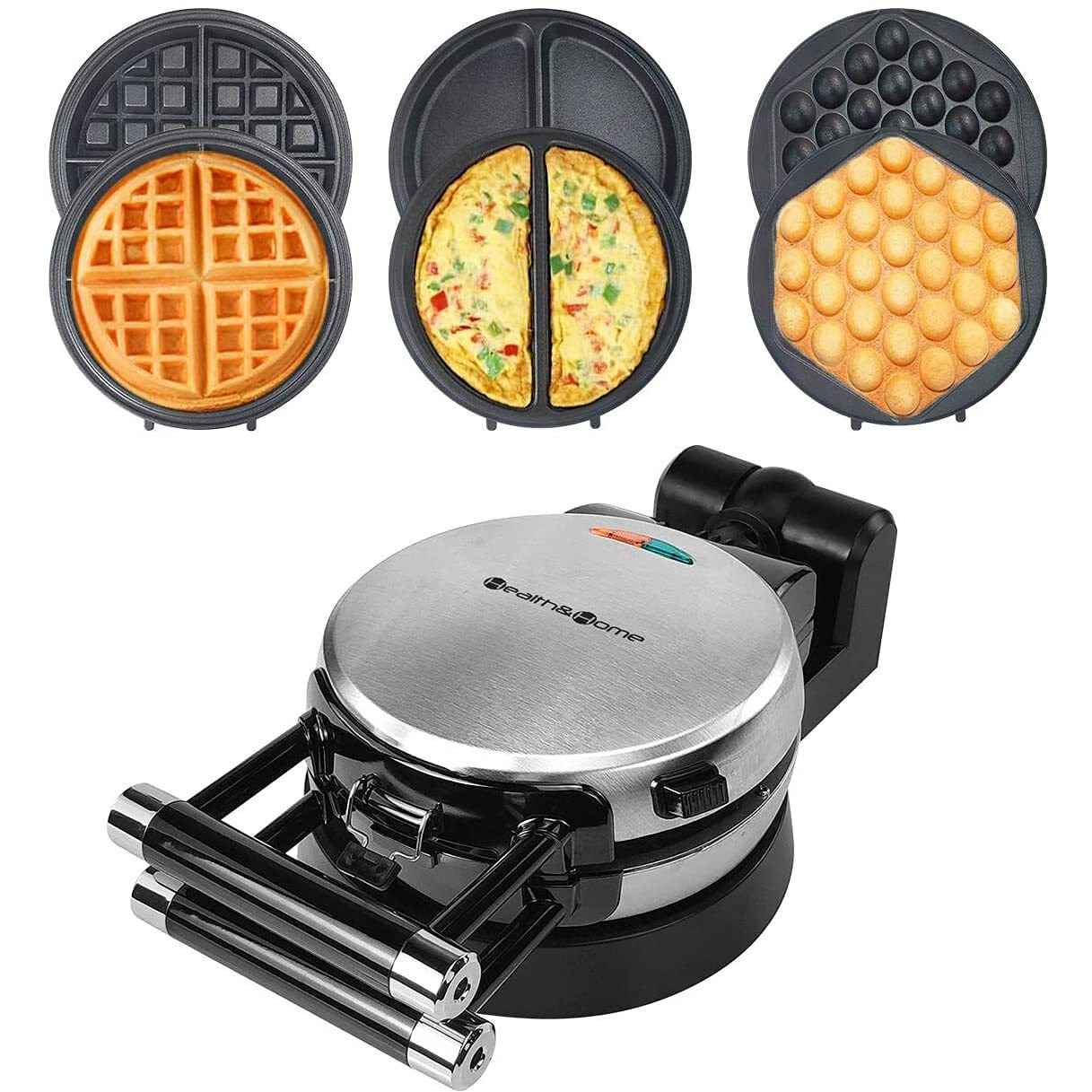 Health And Home 3-In-1 Waffle, Omelet, Egg Waffle Maker, 3 Removable Nonstick Baking Plates, Upgraded 360 Rotating Belgian Maker