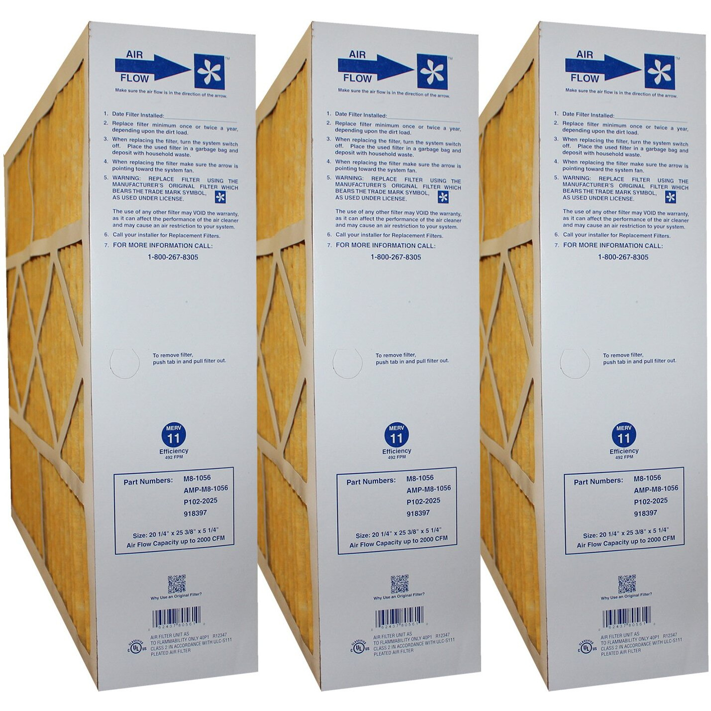 Genuine Original Part  M8-1056 Merv 11 Size 20X25X5 (Actual Size 20-1/4"" X 25-3/8"" X 5-1/4"") Case Of 3
