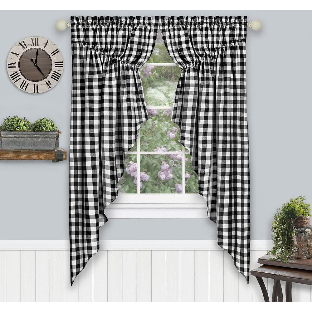 Buffalo Check Gathered Swag Window Curtain Pair - 72 Inch Width, 63 Inch Length - Black & White Plaid - Light Filtering Farmhouse Country Drapes For Bedroom Living & Dining Room By Achim Home Decor