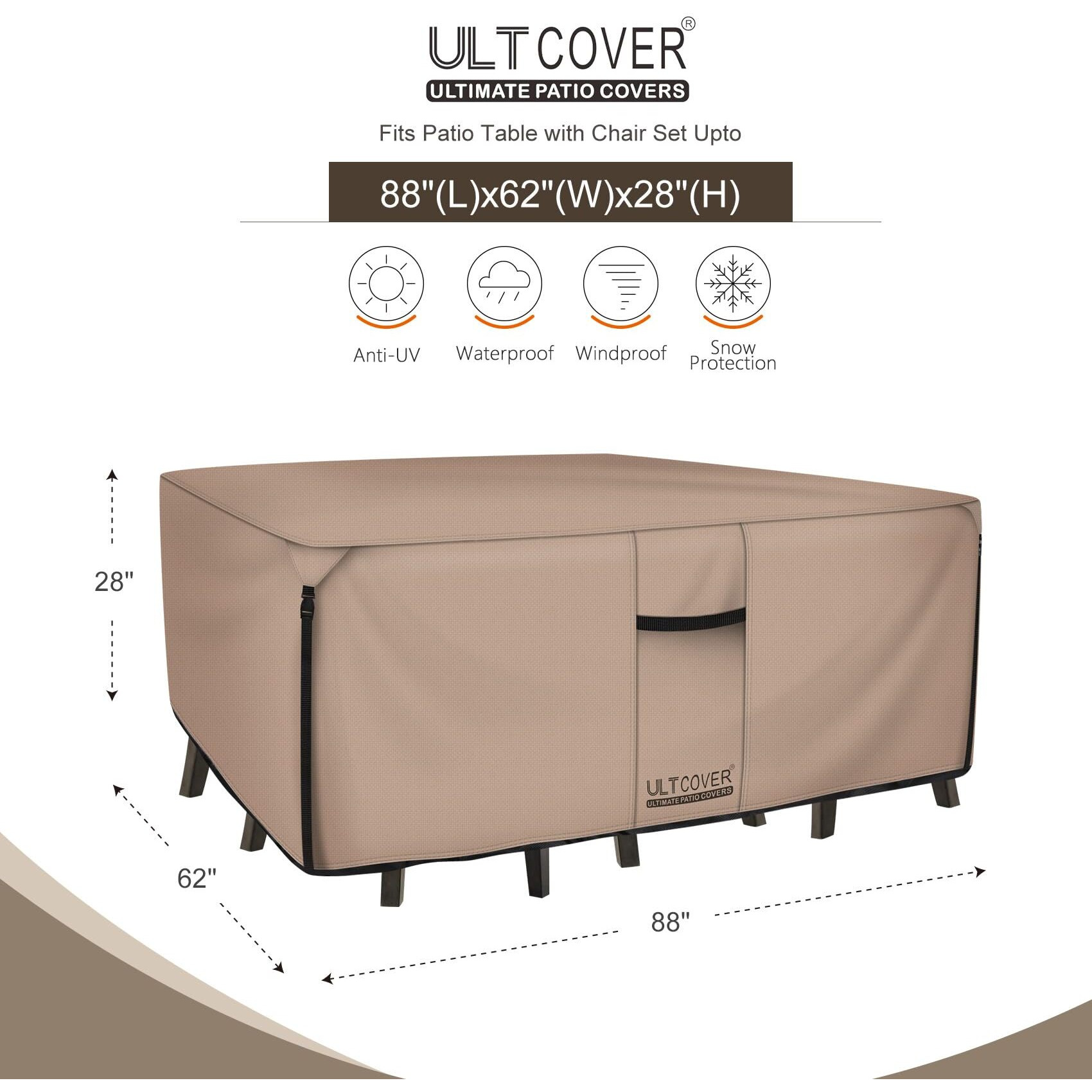 Ultcover Rectangular Patio Heavy Duty Table Cover - 600D Tough Canvas Waterproof Outdoor Dining Table And Chairs General Purpose Furniture Cover Size 88L X 62W X 28H Inch