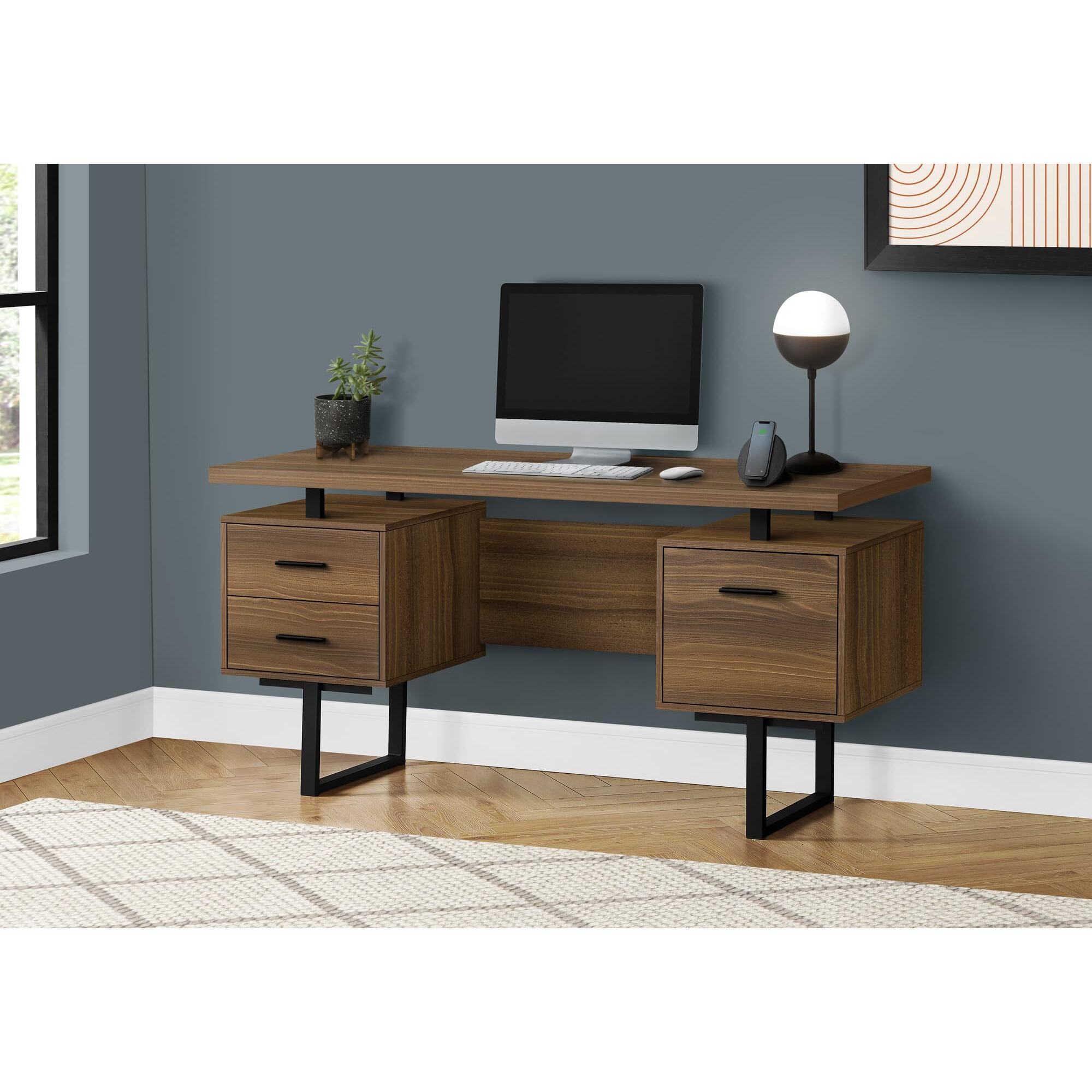 Monarch Specialties I 7625 Computer Desk, Home Office, Laptop, Left, Right Set-Up, Storage Drawers, 60"" L, Work, Metal, Laminate, Walnut, Black, Contemporary