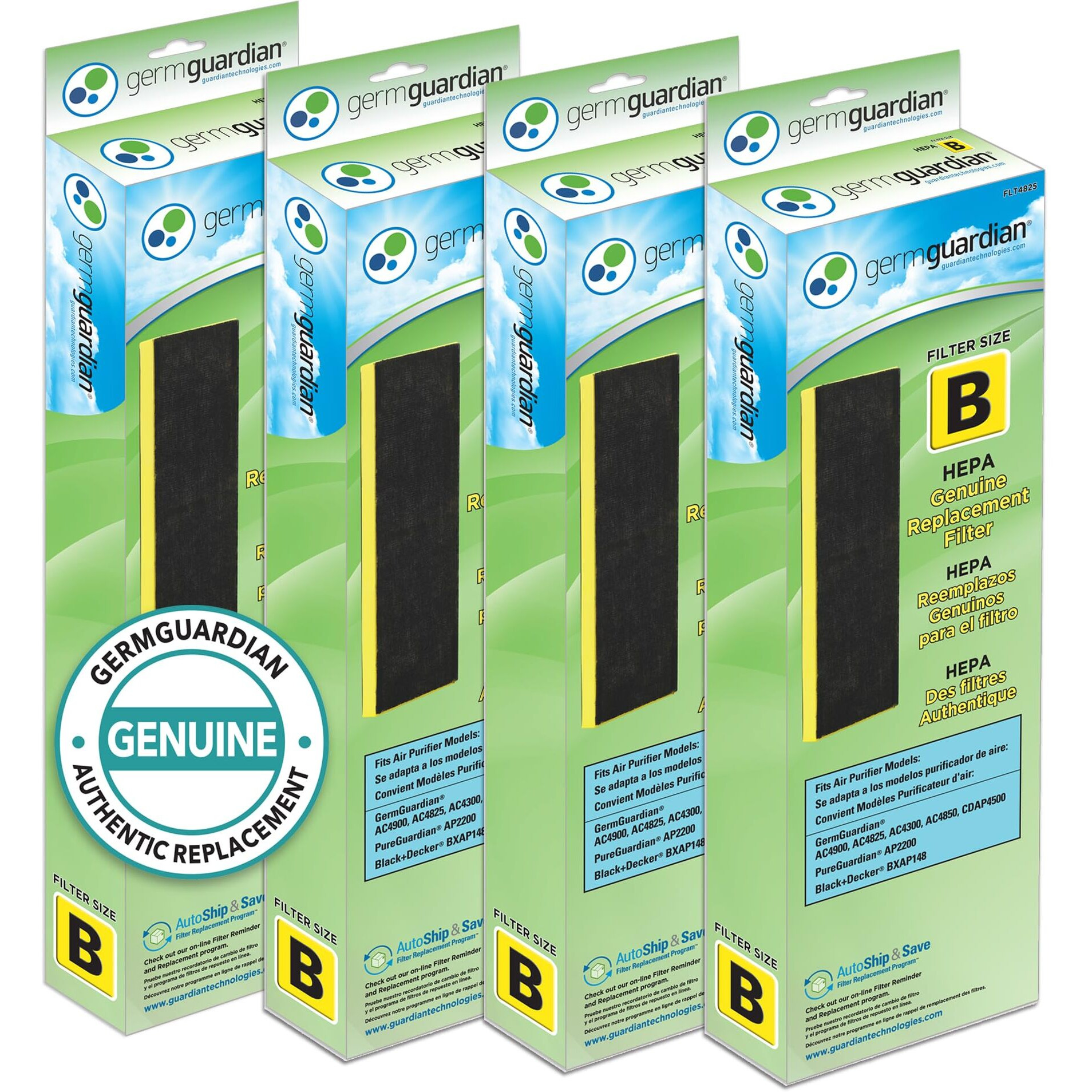 Germguardian Filter B Hepa Pure Genuine Air Purifier Filter, Removes 99.97% Of Pollutants, Wildfire Smoke, Odors, For Ac4825, Ac4300, Ac4900, Ac4825, Ac4850, Cdap4500, 4-Pack, Black/Yellow, Flt48254Pk