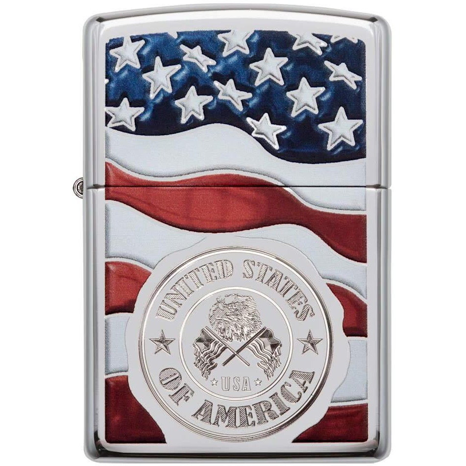 Zippo America Stamp On Flag High Polish Chrome Pocket Lighter