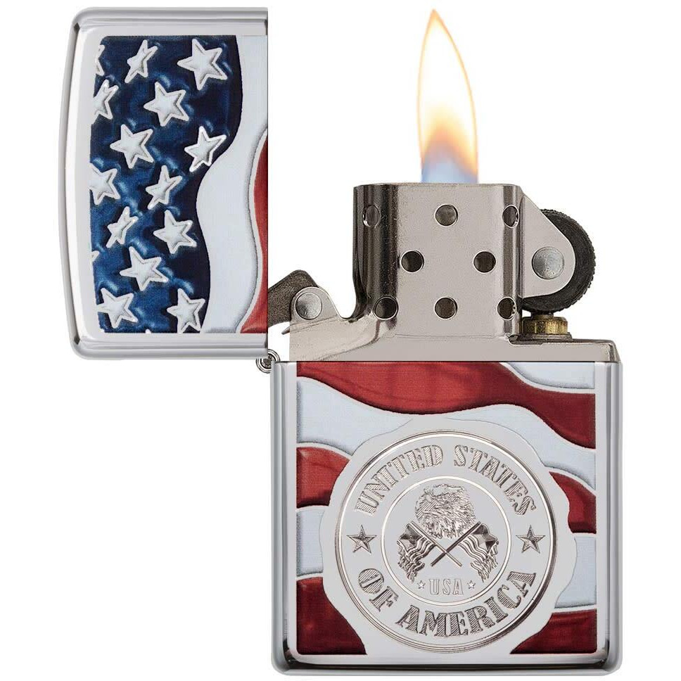 Zippo America Stamp On Flag High Polish Chrome Pocket Lighter