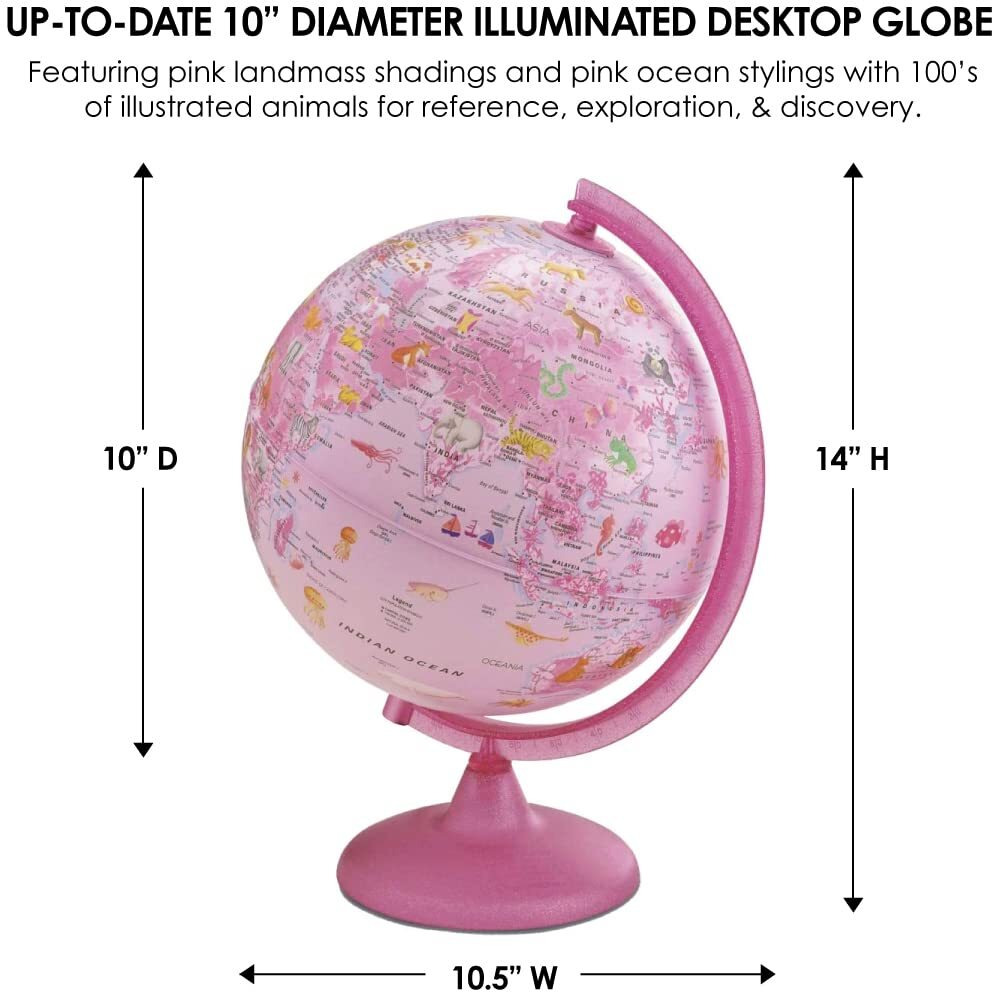 Waypoint Geographic Safari Explorer Animals Globe, World Globe, 10    Illuminated Desktop Globe With Physical Earth And 100S Of Illustrated Animals, Pink