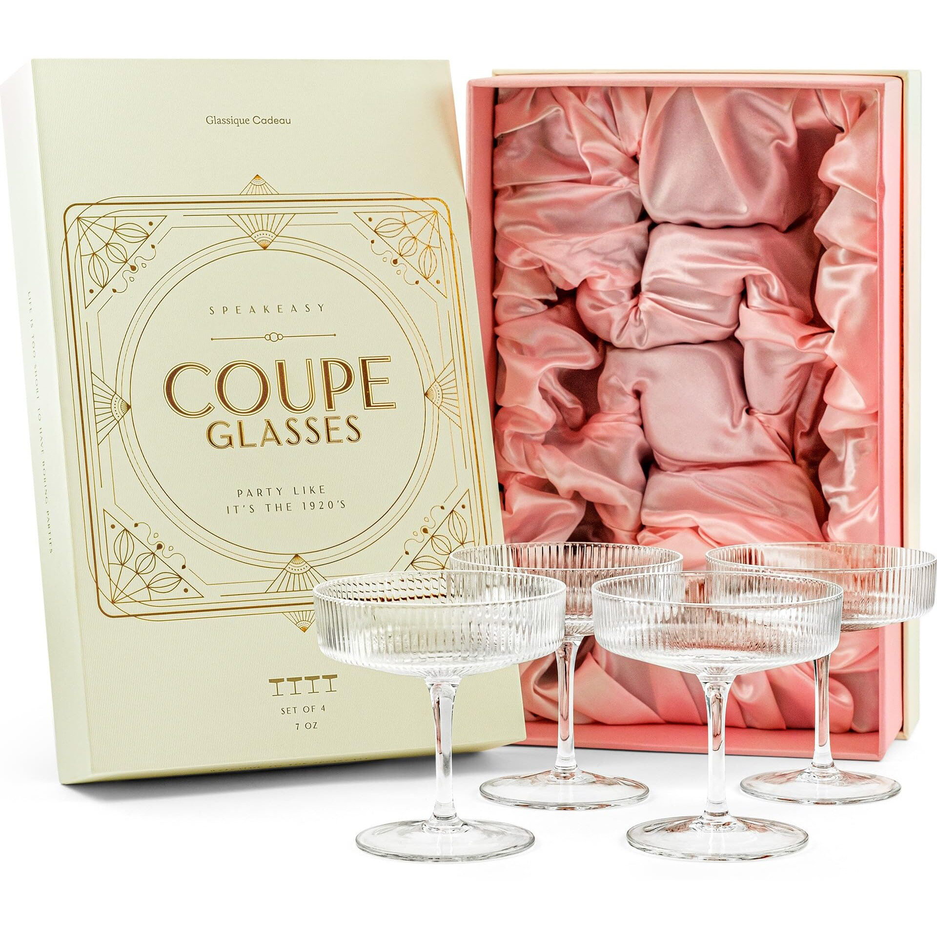 Vintage Art Deco Coupe Glasses | Set Of 4 | 7 Oz Classic Cocktail Glassware For Champagne, Martini, Manhattan, Cosmopolitan, Sidecar | Crystal Speakeasy Style Saucer Goblets With Stems