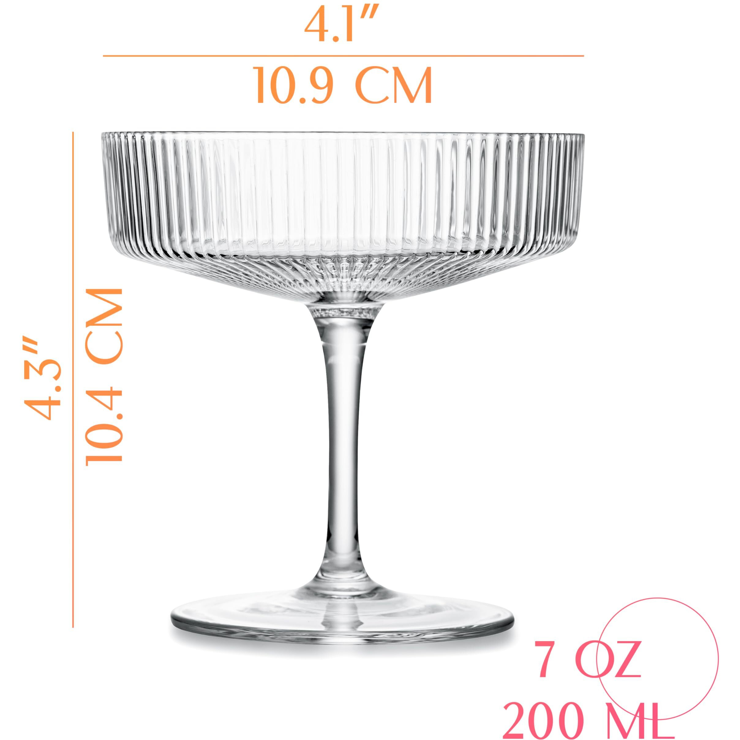 Vintage Art Deco Coupe Glasses | Set Of 4 | 7 Oz Classic Cocktail Glassware For Champagne, Martini, Manhattan, Cosmopolitan, Sidecar | Crystal Speakeasy Style Saucer Goblets With Stems
