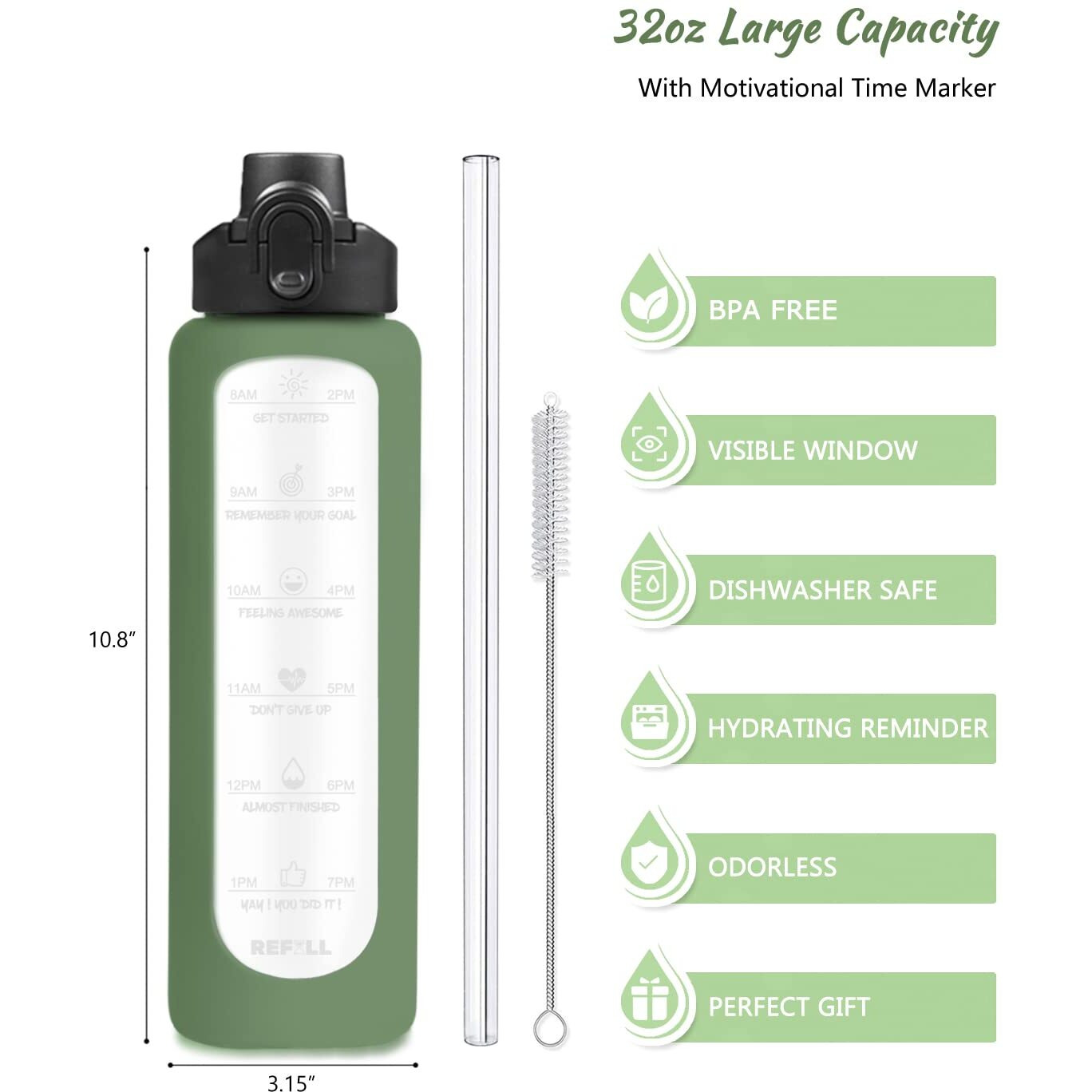Nefeeko 32 Oz Glass Water Bottles With Straw, Time Marker, Motivational 1 Liter Bpa Free Leakproof Reusable Glass Water Bottle With Silicone Sleeve, Bamboo, Spout Lid