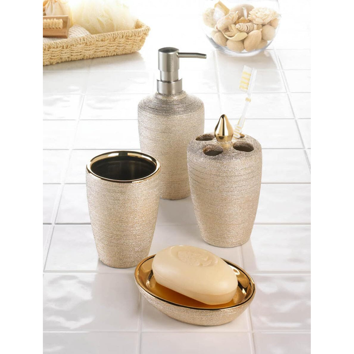 Golden Shimmer Bath Accessory Set 3.37X3.37X7.12