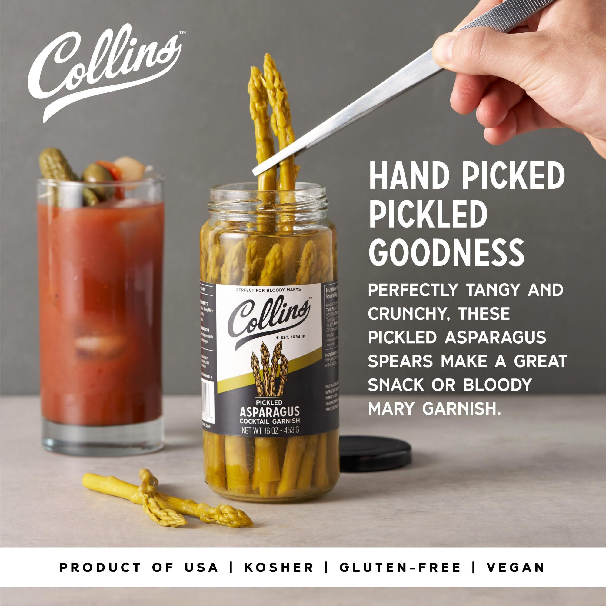 Collins Gourmet Pickled Premium Garnish For Cocktails Bloody Mary, Salads, Meat And Cheese Trays Asparagus Spears In Jar, 16 Oz