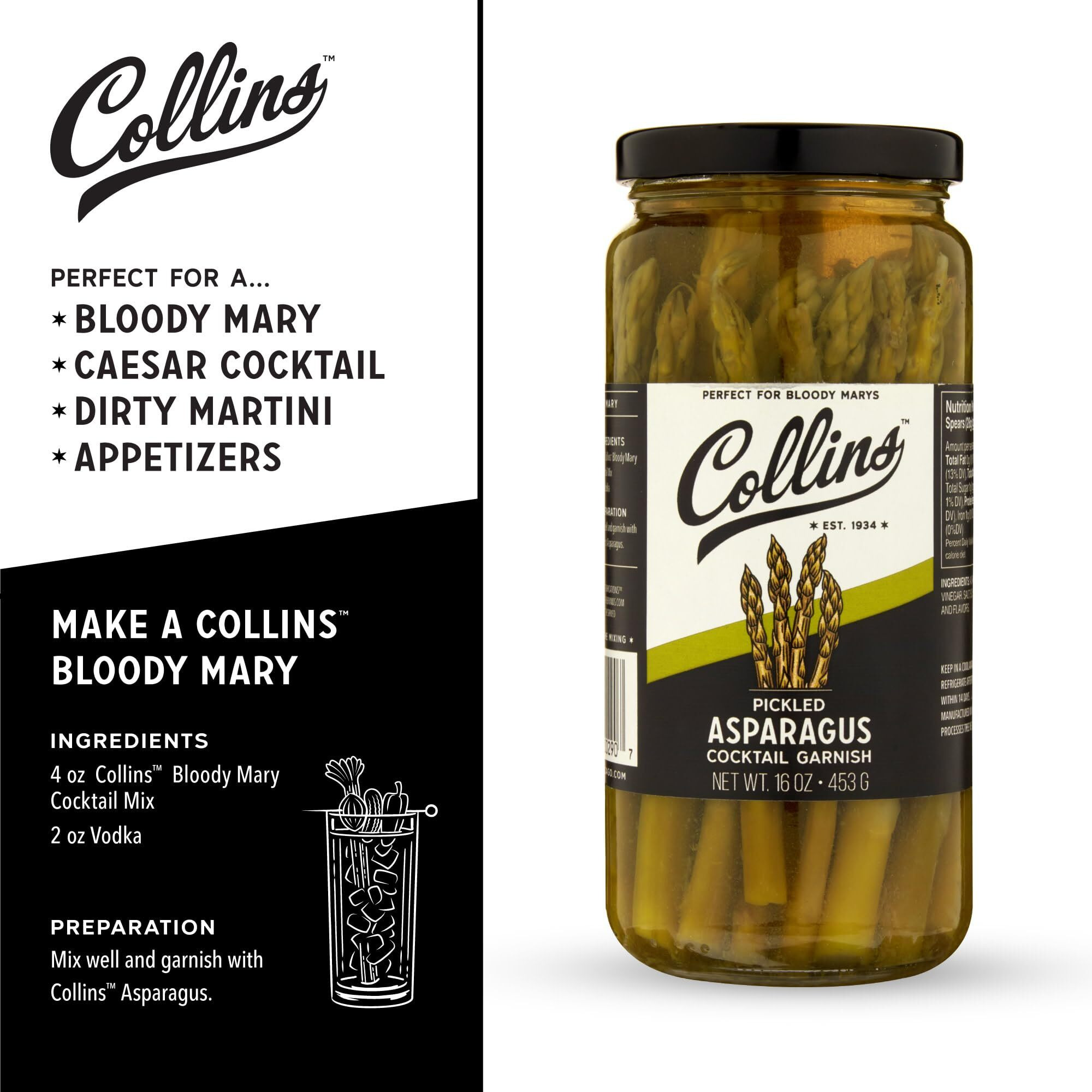 Collins Gourmet Pickled Premium Garnish For Cocktails Bloody Mary, Salads, Meat And Cheese Trays Asparagus Spears In Jar, 16 Oz