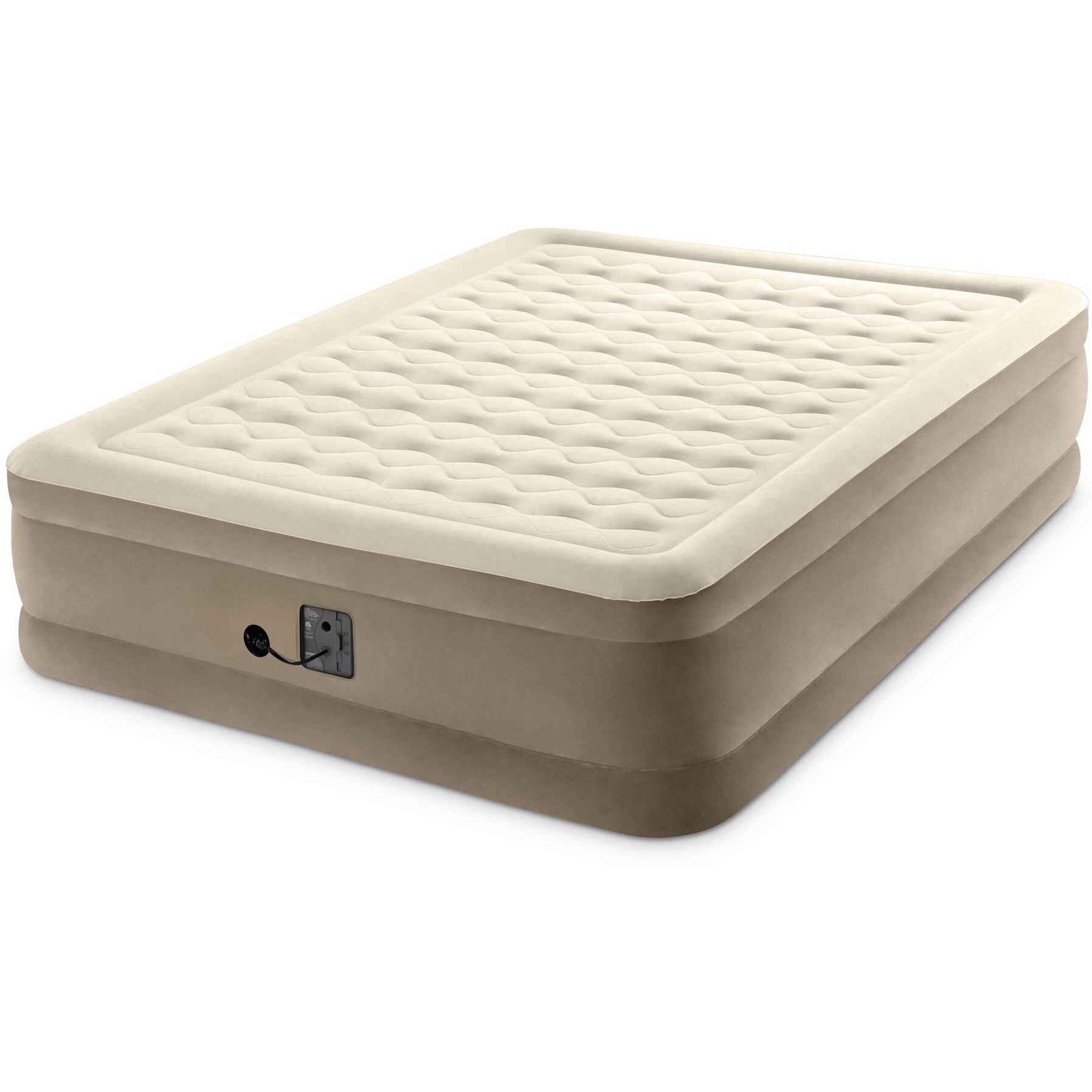 Intex Ultra Plush Fiber-Tech 18 Inch High Queen Inflatable Airbed Elevated Air Mattress With Built-In Pump, Flocked Top, And Carry Bag, Tan