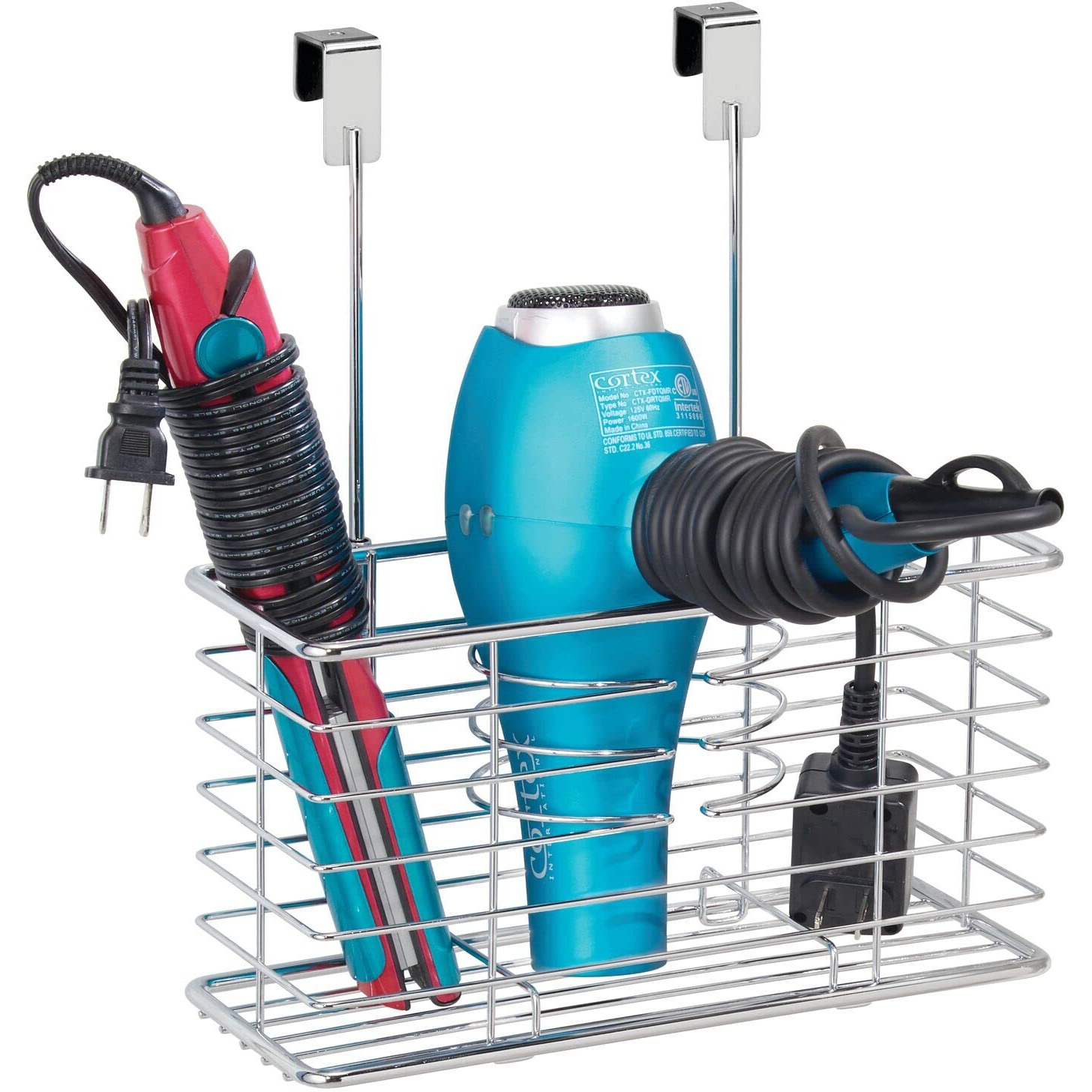 Mdesign Steel Over Cabinet Hair Dryer Holder Storage, Chrome, 5.2In X 10.2In X 12.3In